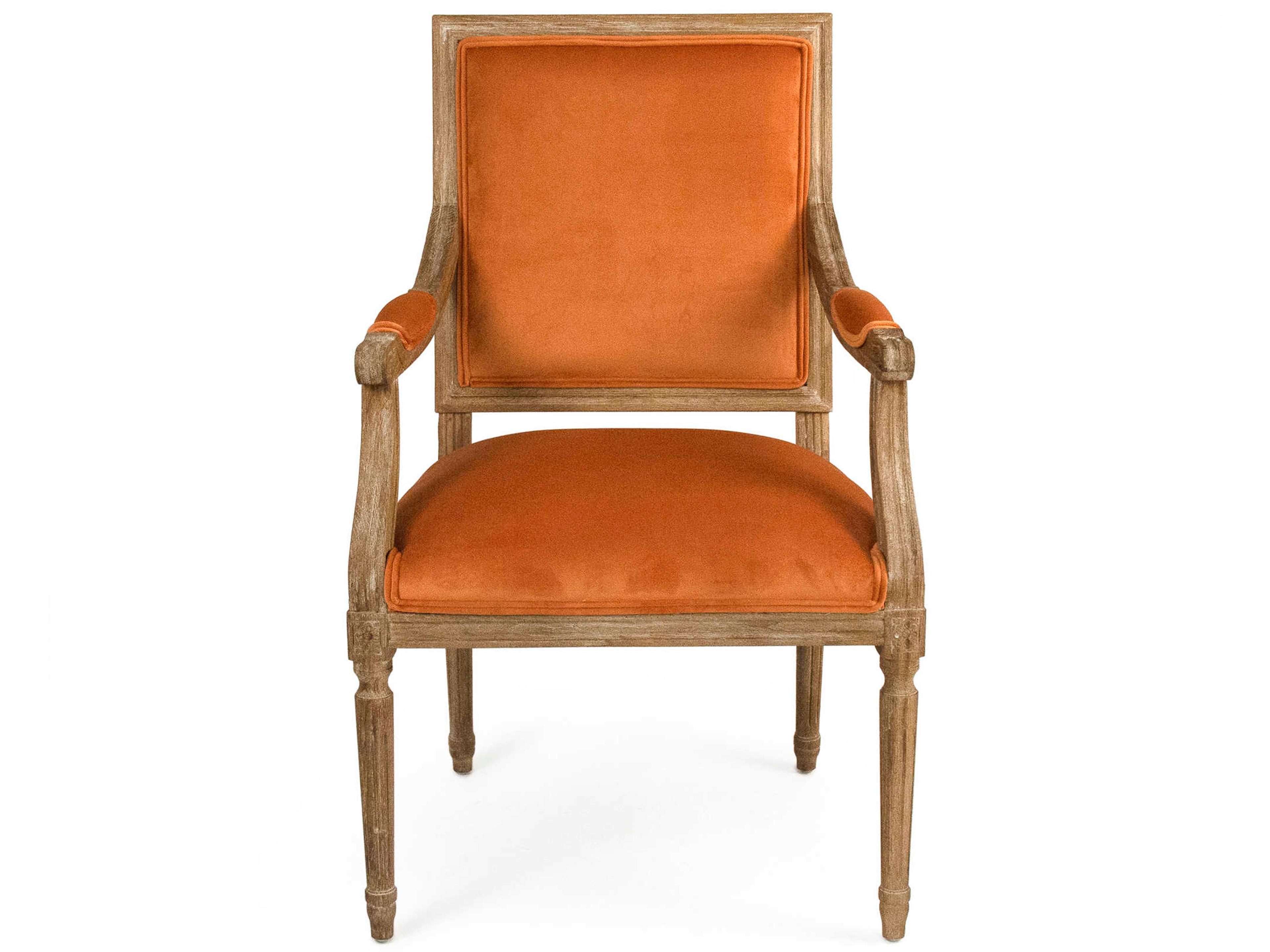 Zentique Louis Oak Wood Orange Upholstered Arm Dining Chair