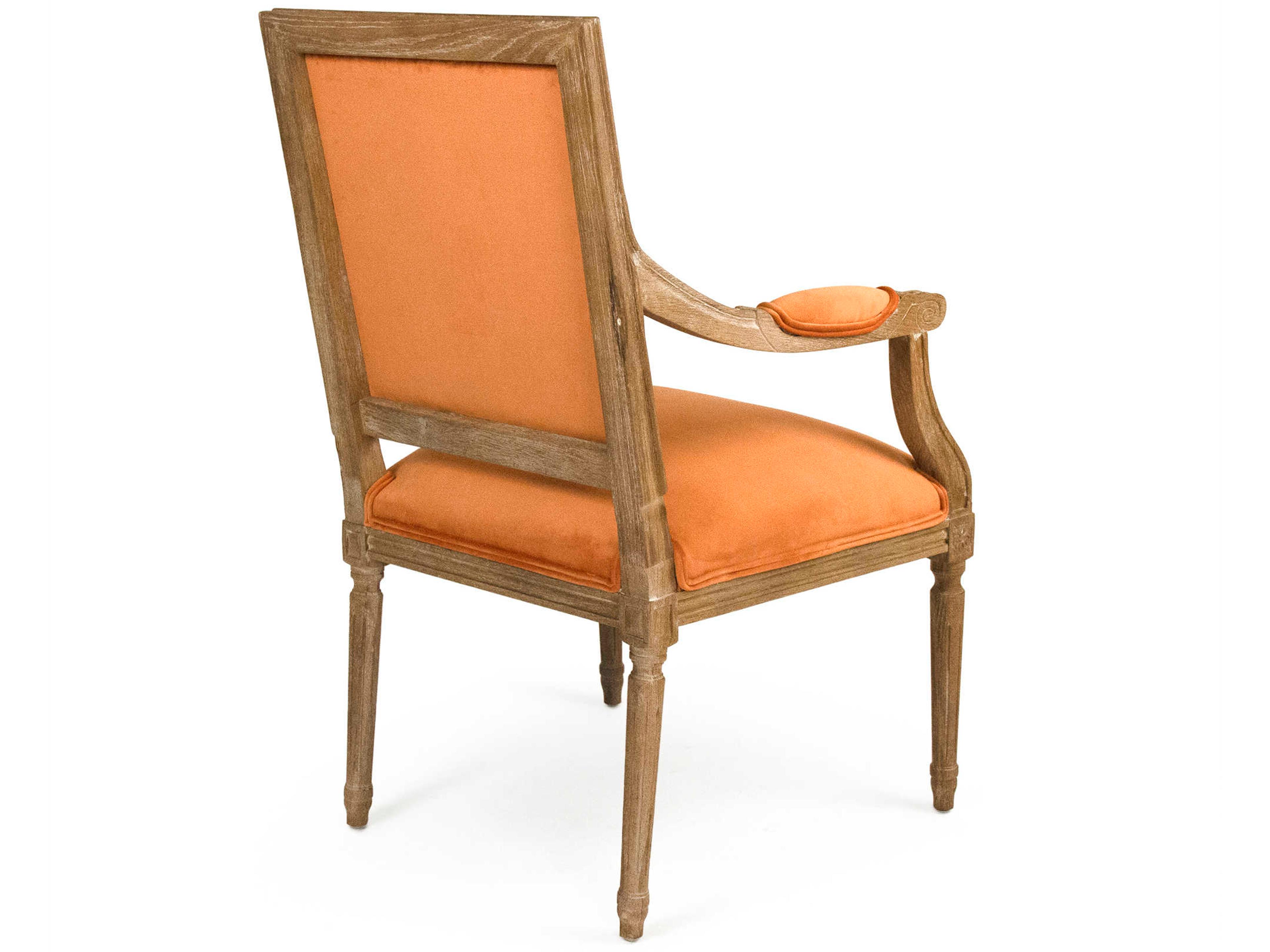 Zentique Louis Oak Wood Orange Upholstered Arm Dining Chair