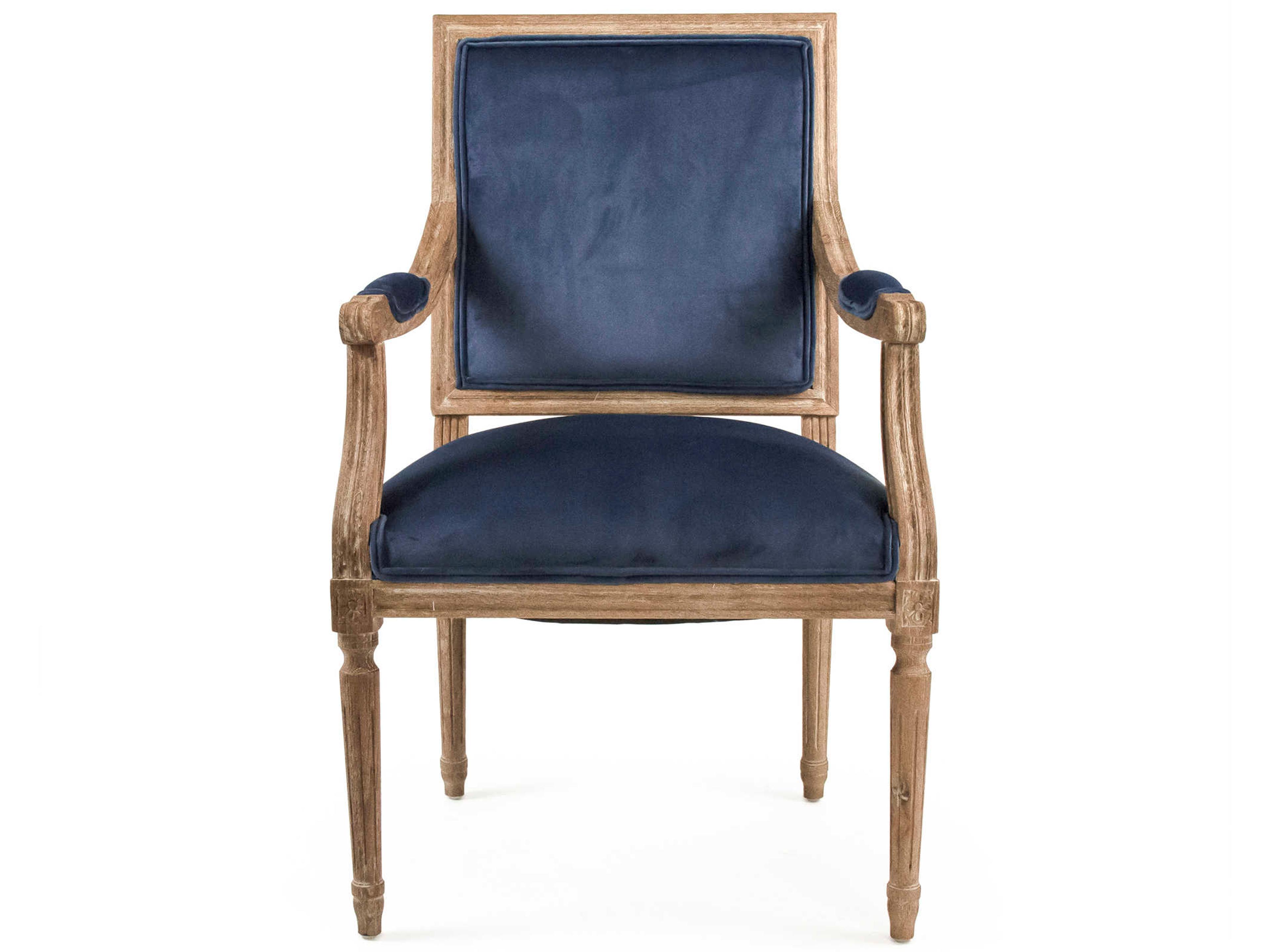 Zentique Louis Oak Wood Blue Upholstered Arm Dining Chair