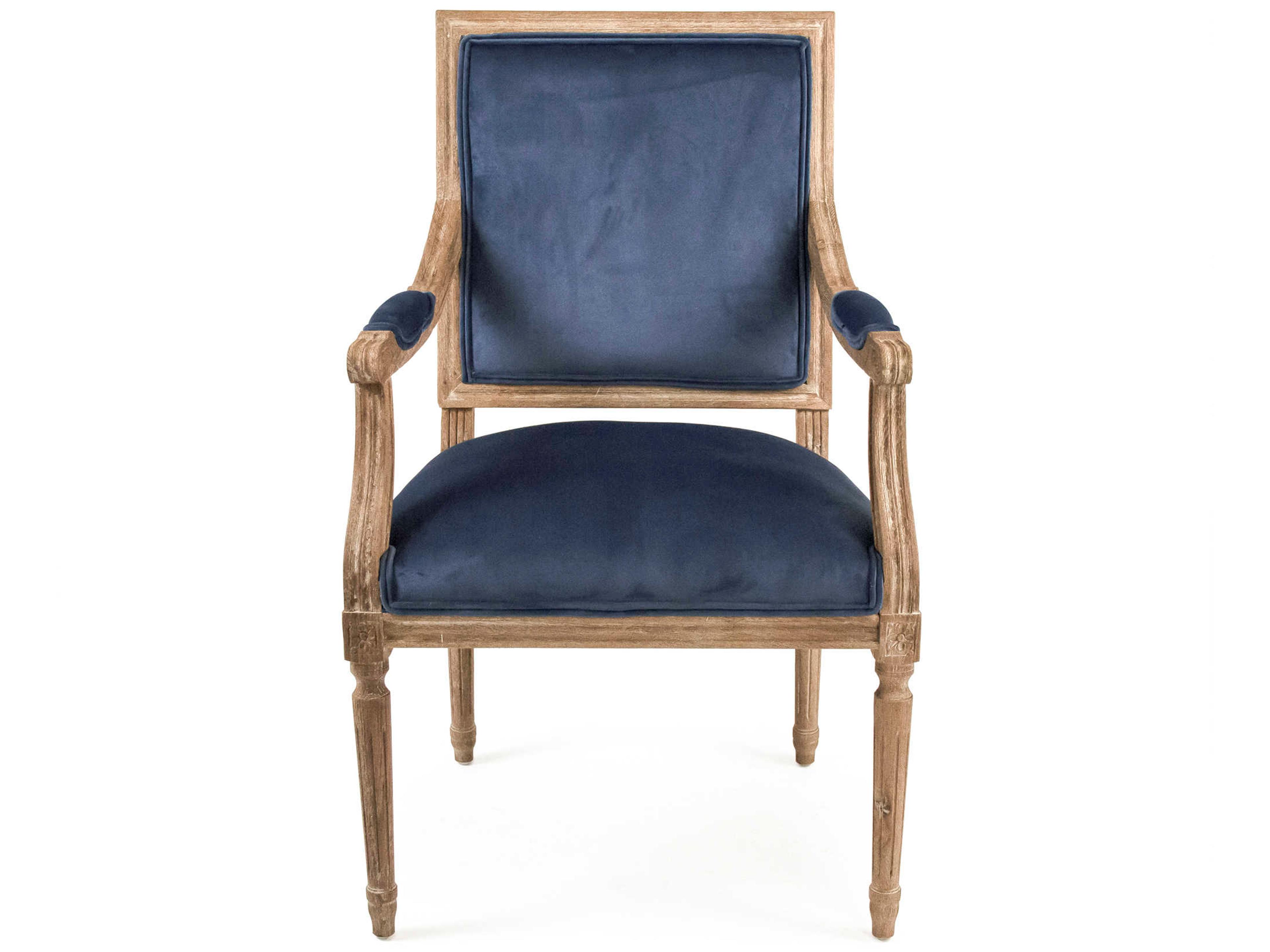 Zentique Louis Oak Wood Blue Upholstered Arm Dining Chair