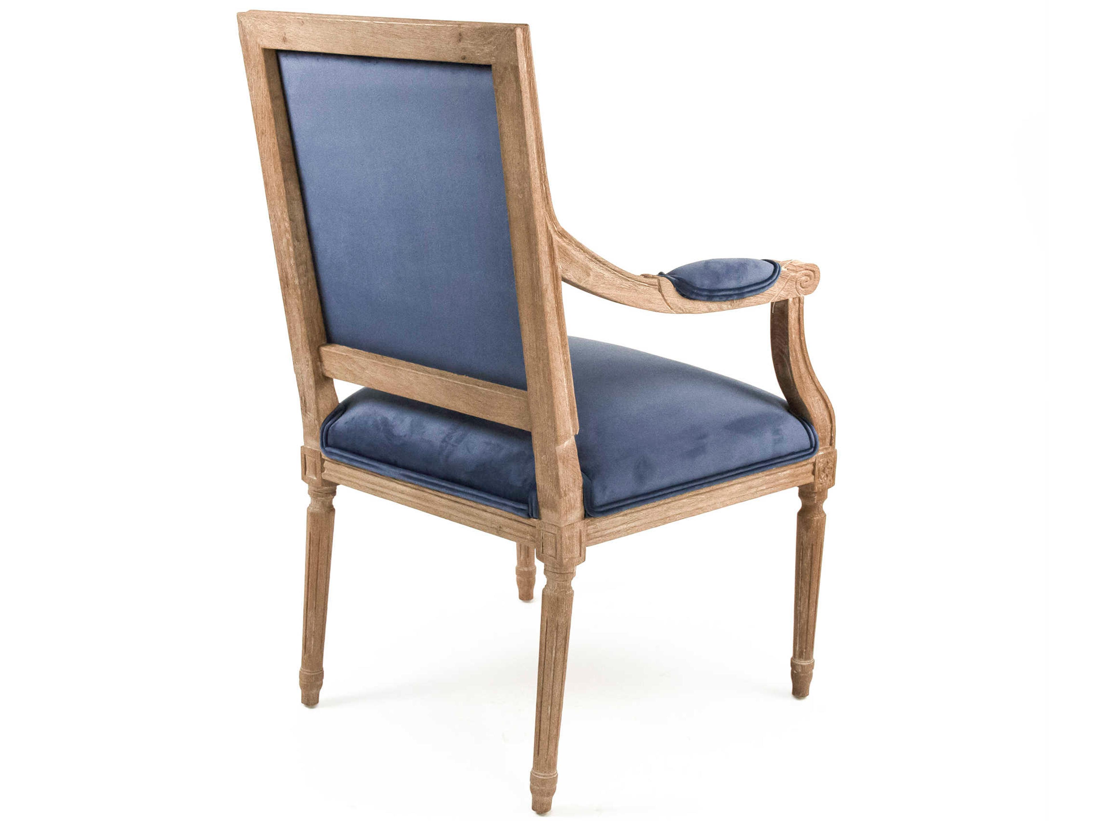 Zentique Louis Oak Wood Blue Upholstered Arm Dining Chair
