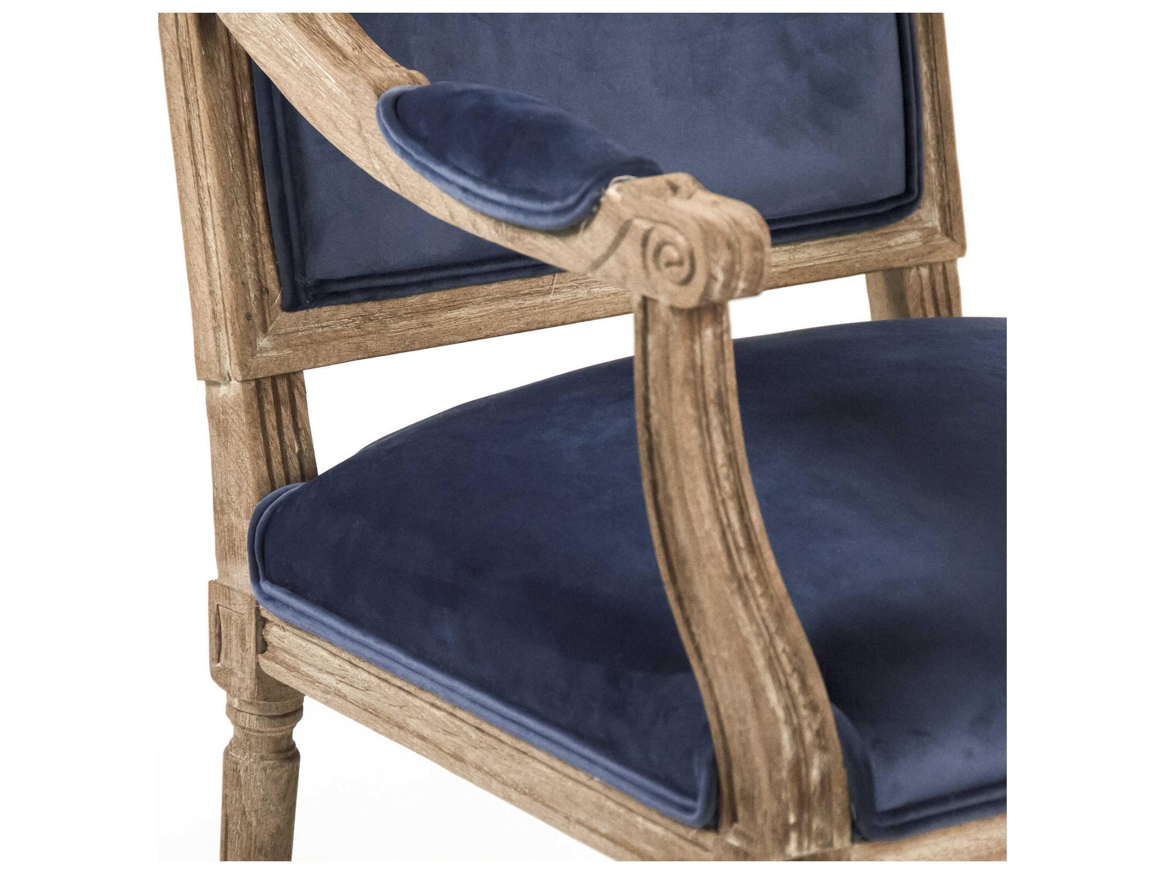 Zentique Louis Oak Wood Blue Upholstered Arm Dining Chair