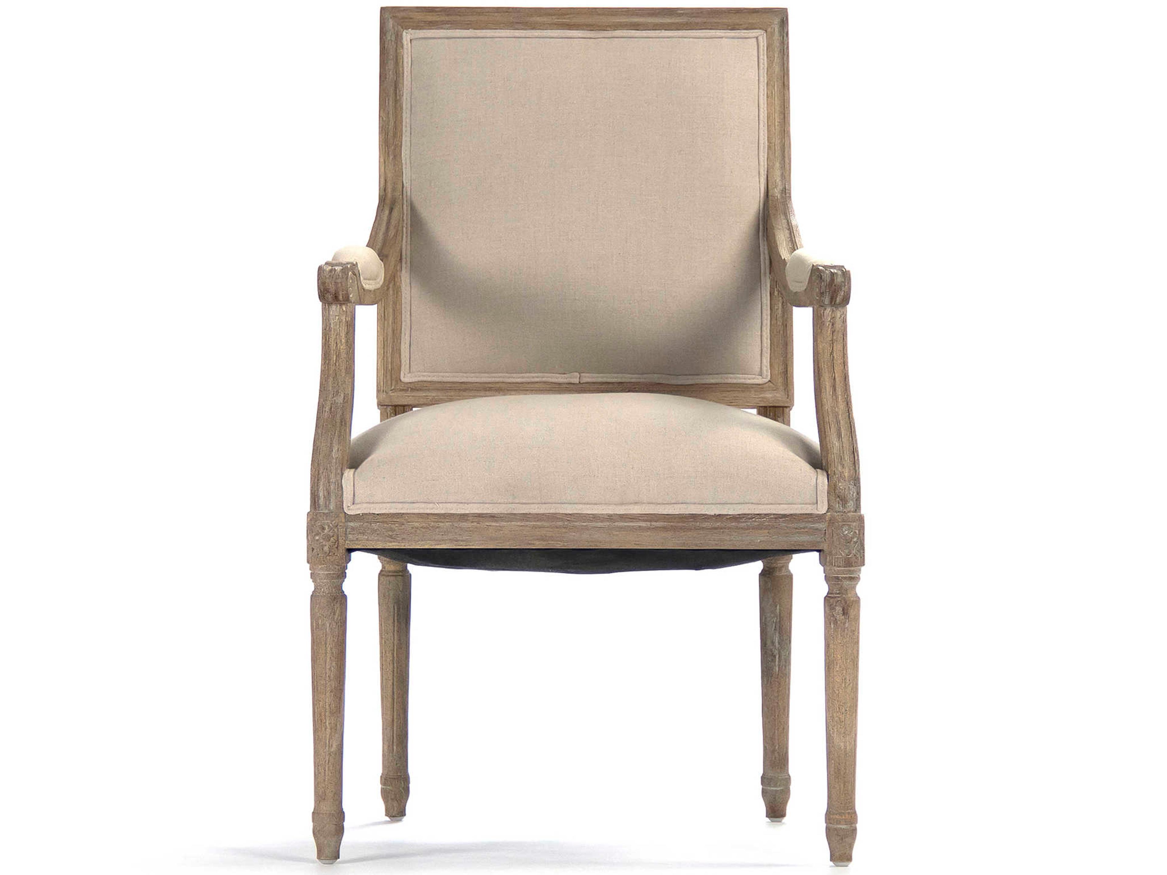 Zentique Louis Oak Wood Beige Upholstered Arm Dining Chair