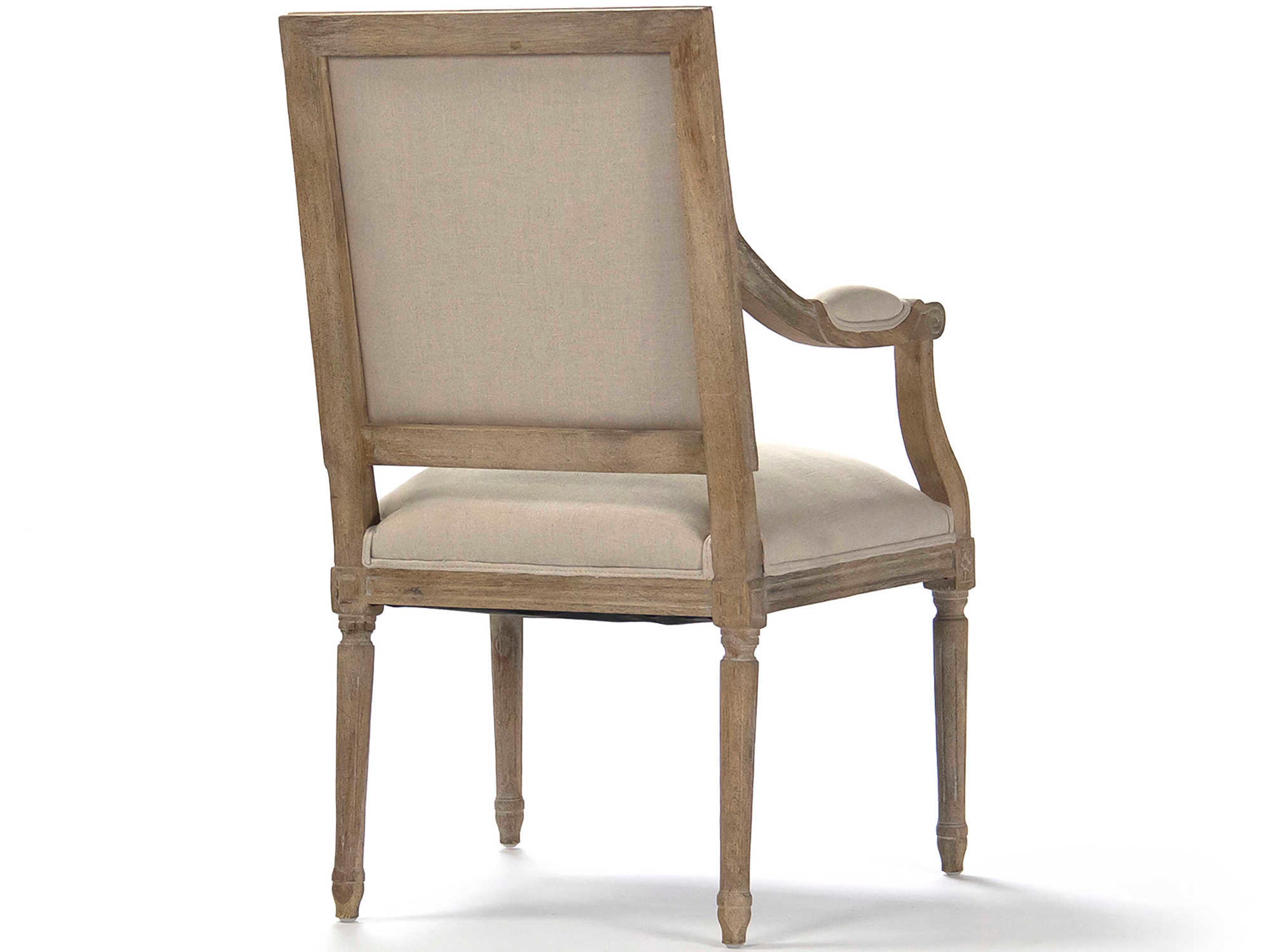 Zentique Louis Oak Wood Beige Upholstered Arm Dining Chair