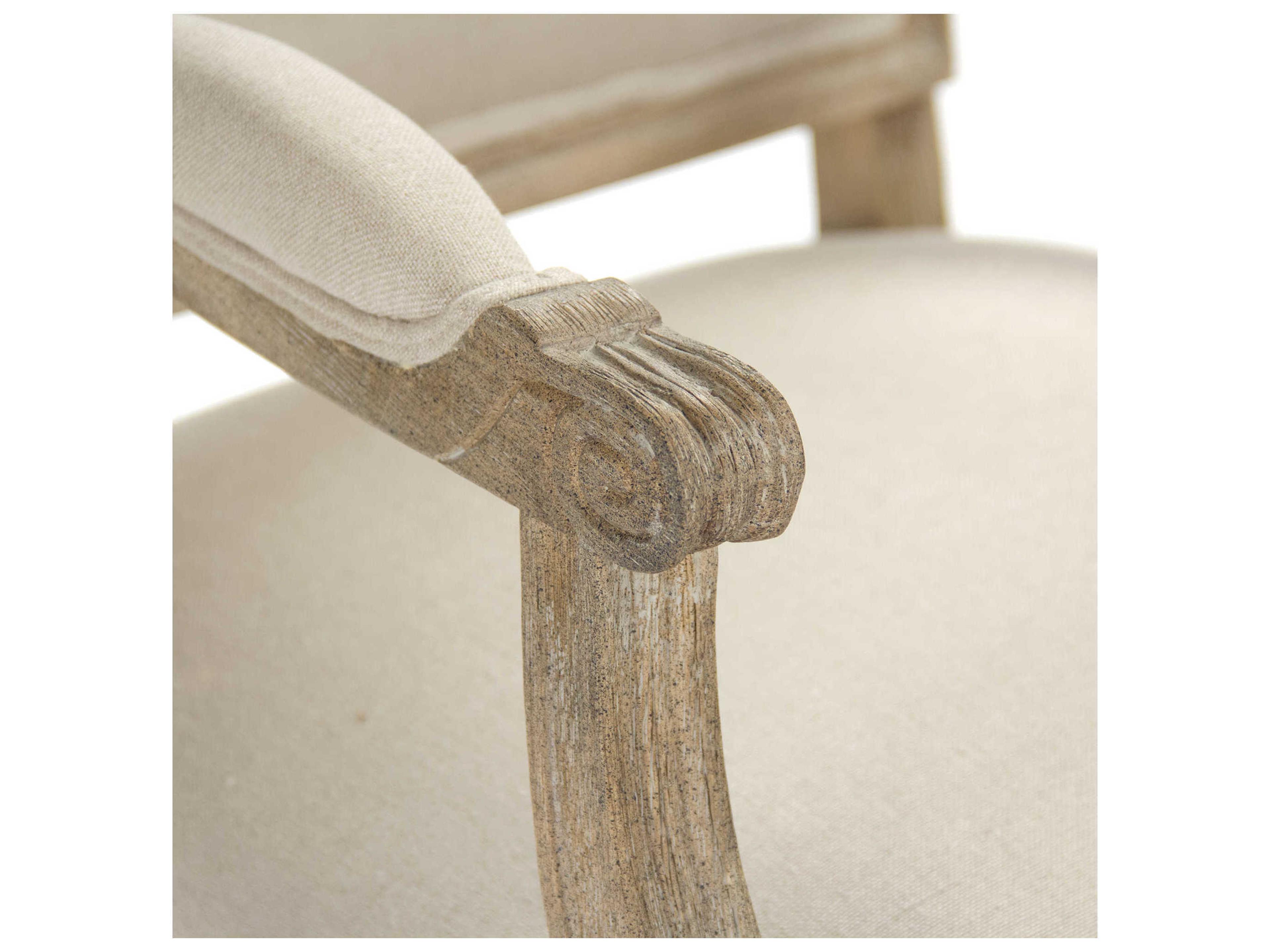 Zentique Louis Oak Wood Beige Upholstered Arm Dining Chair