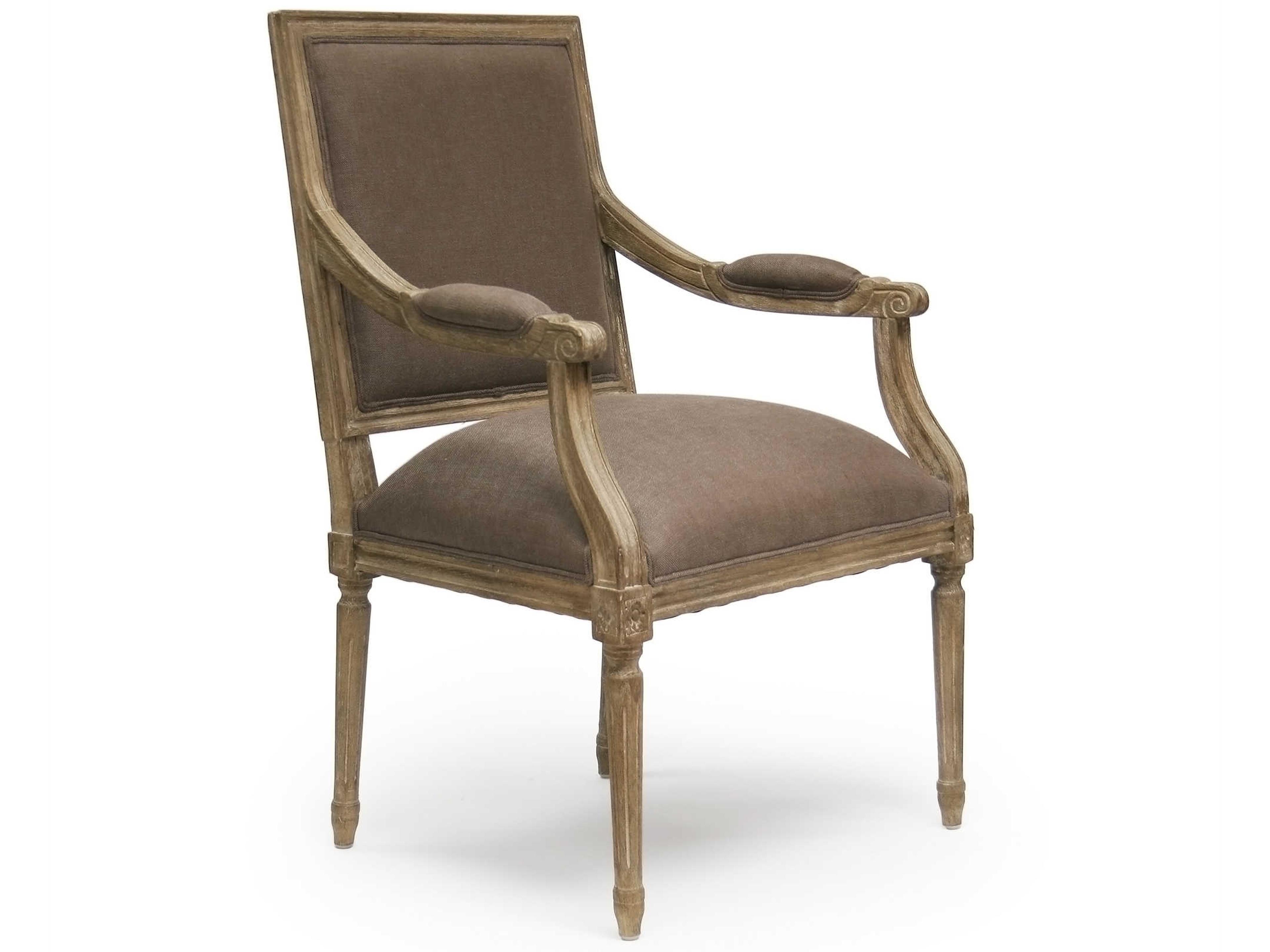 Zentique Louis Oak Wood Gray Upholstered Arm Dining Chair