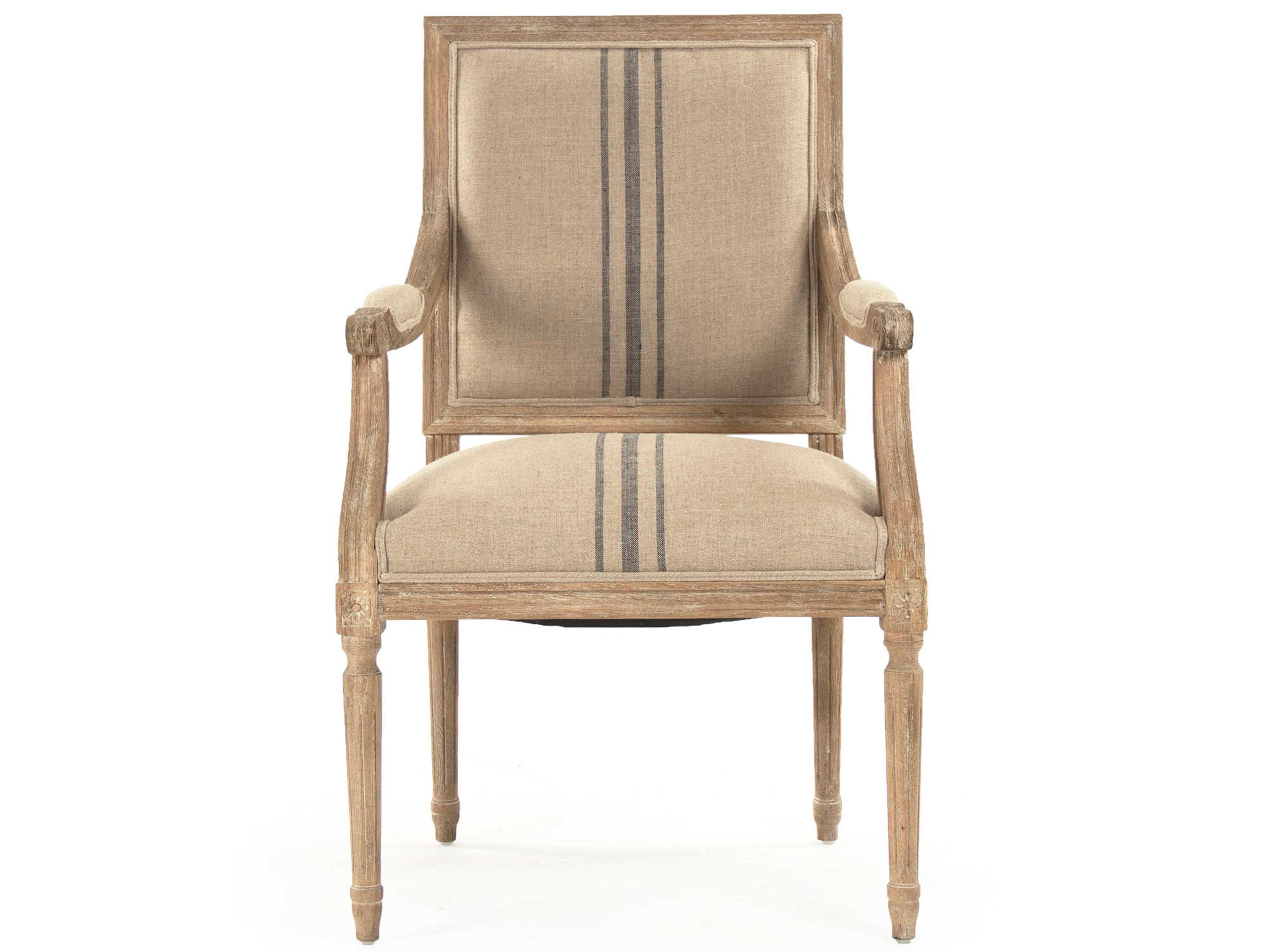 Zentique Louis Oak Wood Beige Upholstered Arm Dining Chair