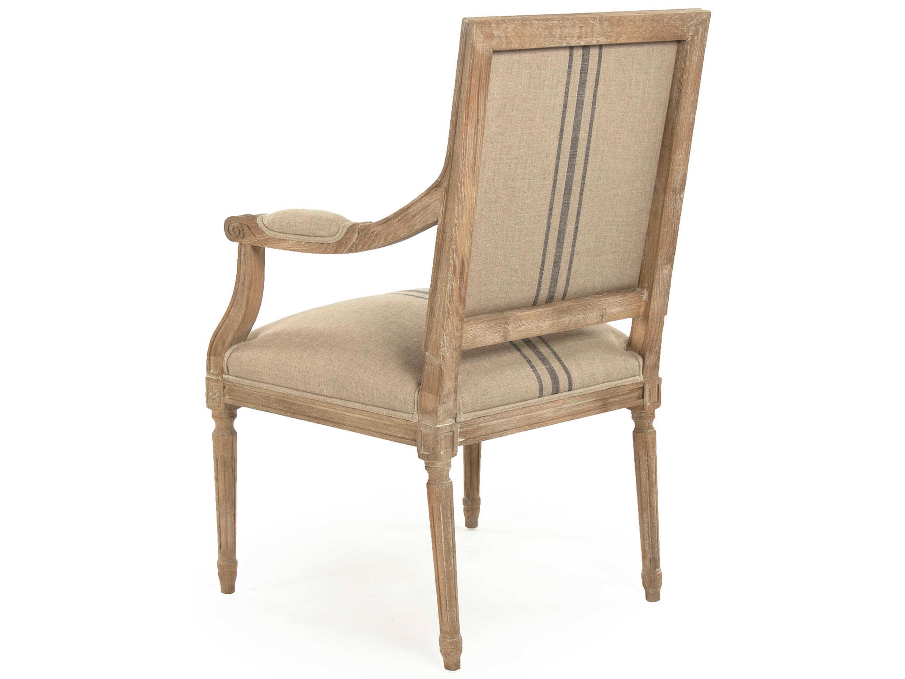 Zentique Louis Oak Wood Beige Upholstered Arm Dining Chair