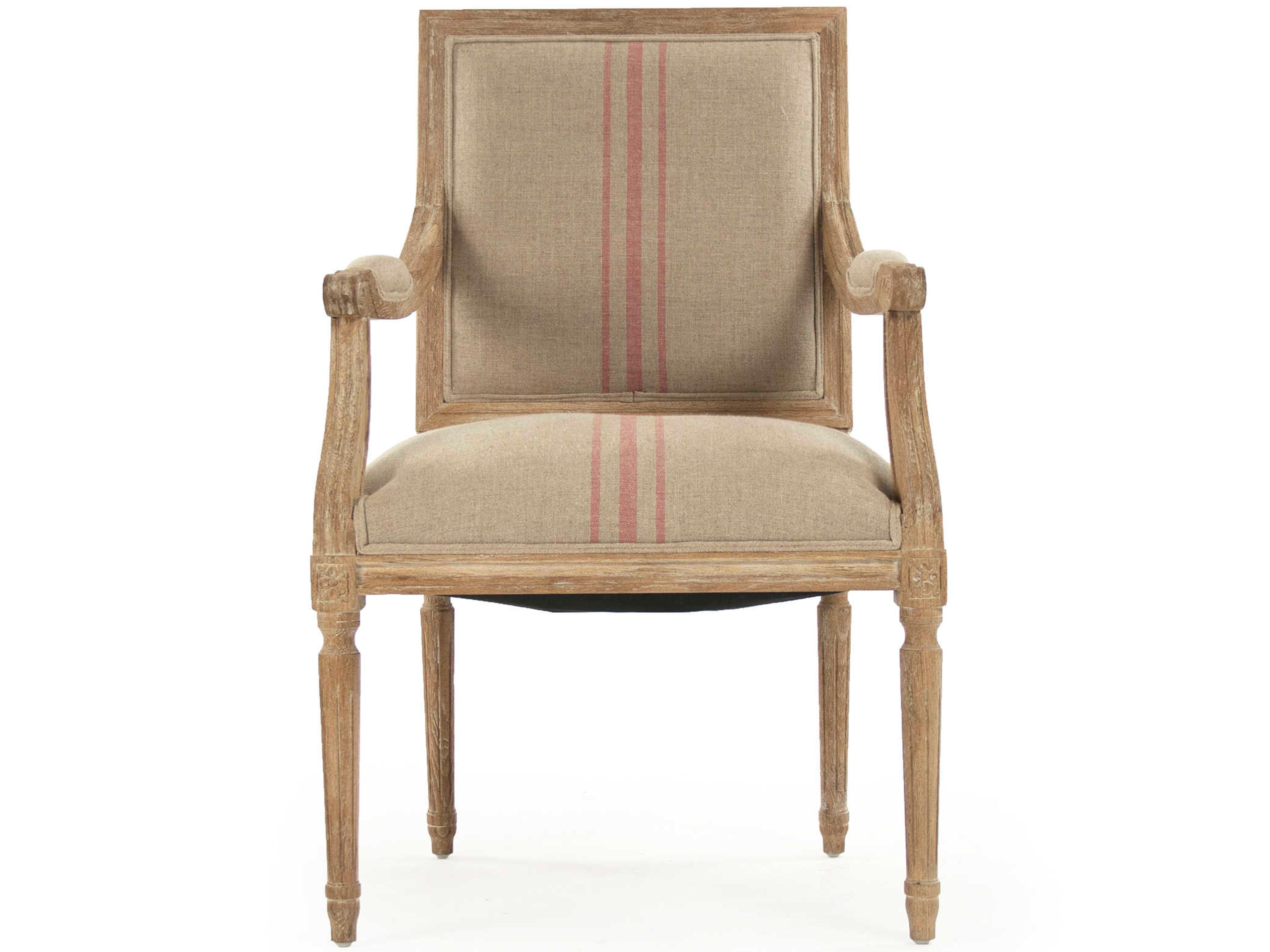 Zentique Louis Oak Wood Beige Upholstered Arm Dining Chair