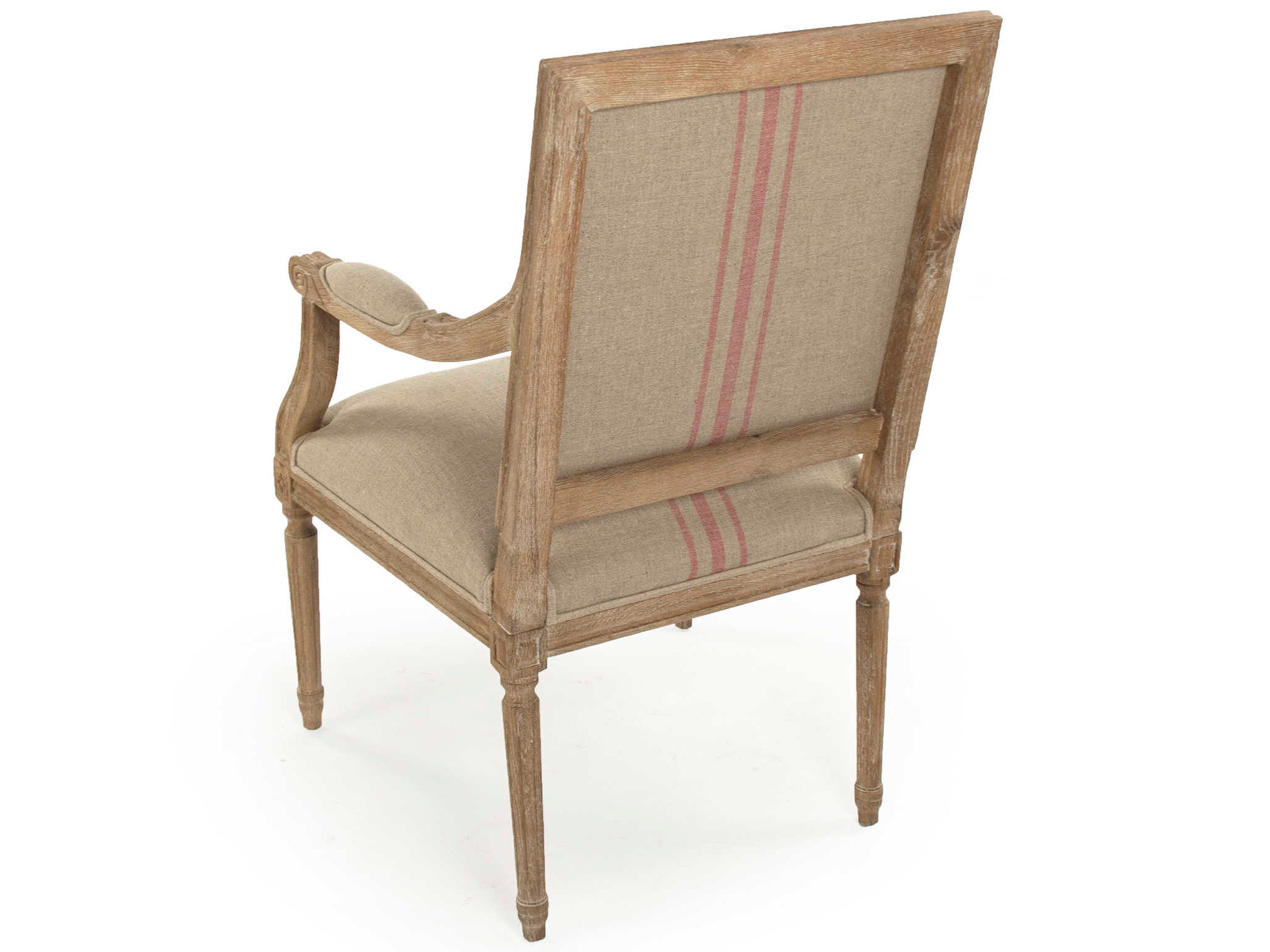 Zentique Louis Oak Wood Beige Upholstered Arm Dining Chair