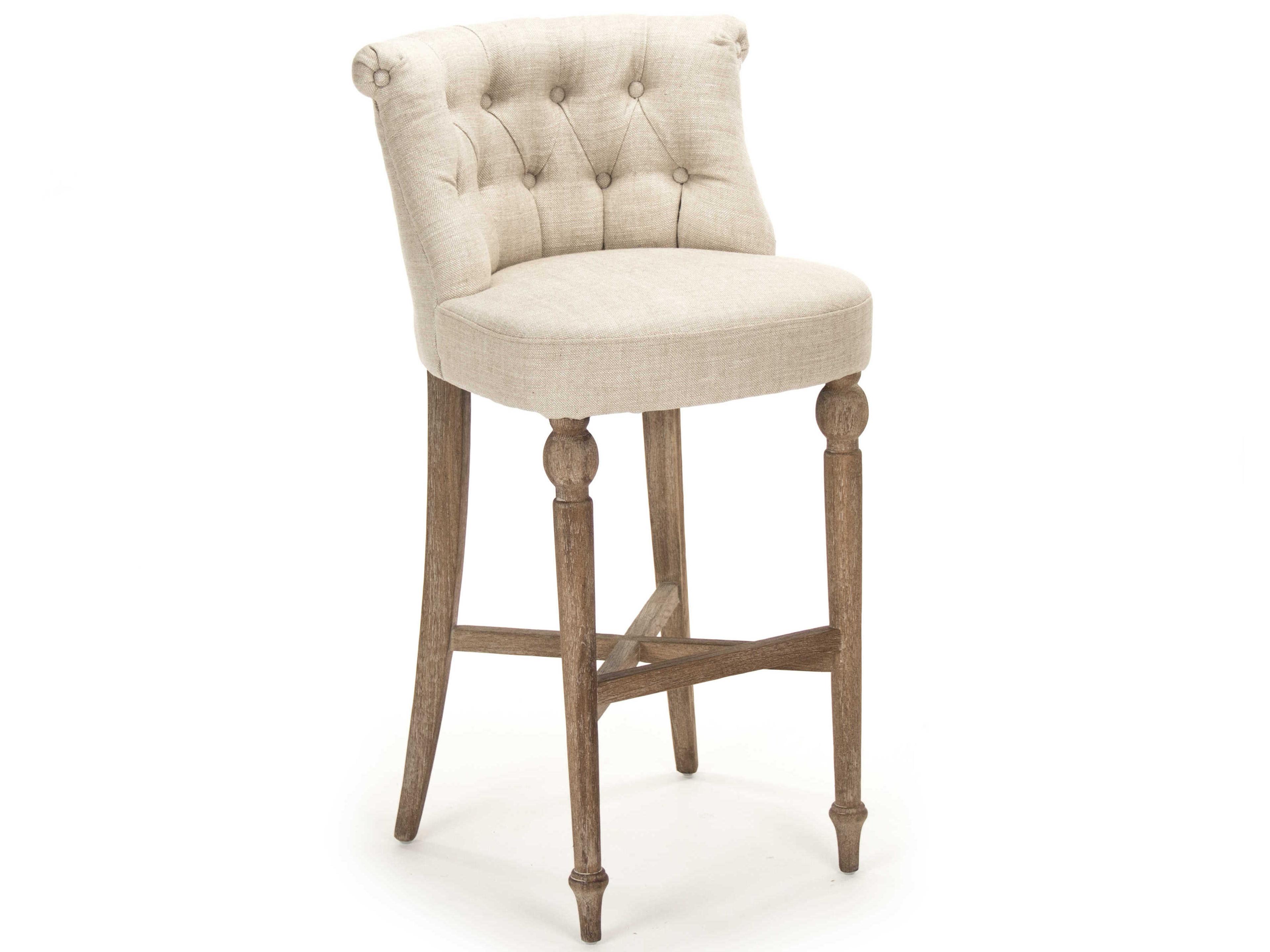 Zentique Upholstered Oak Wood Cream Natural Linen Bar Stool