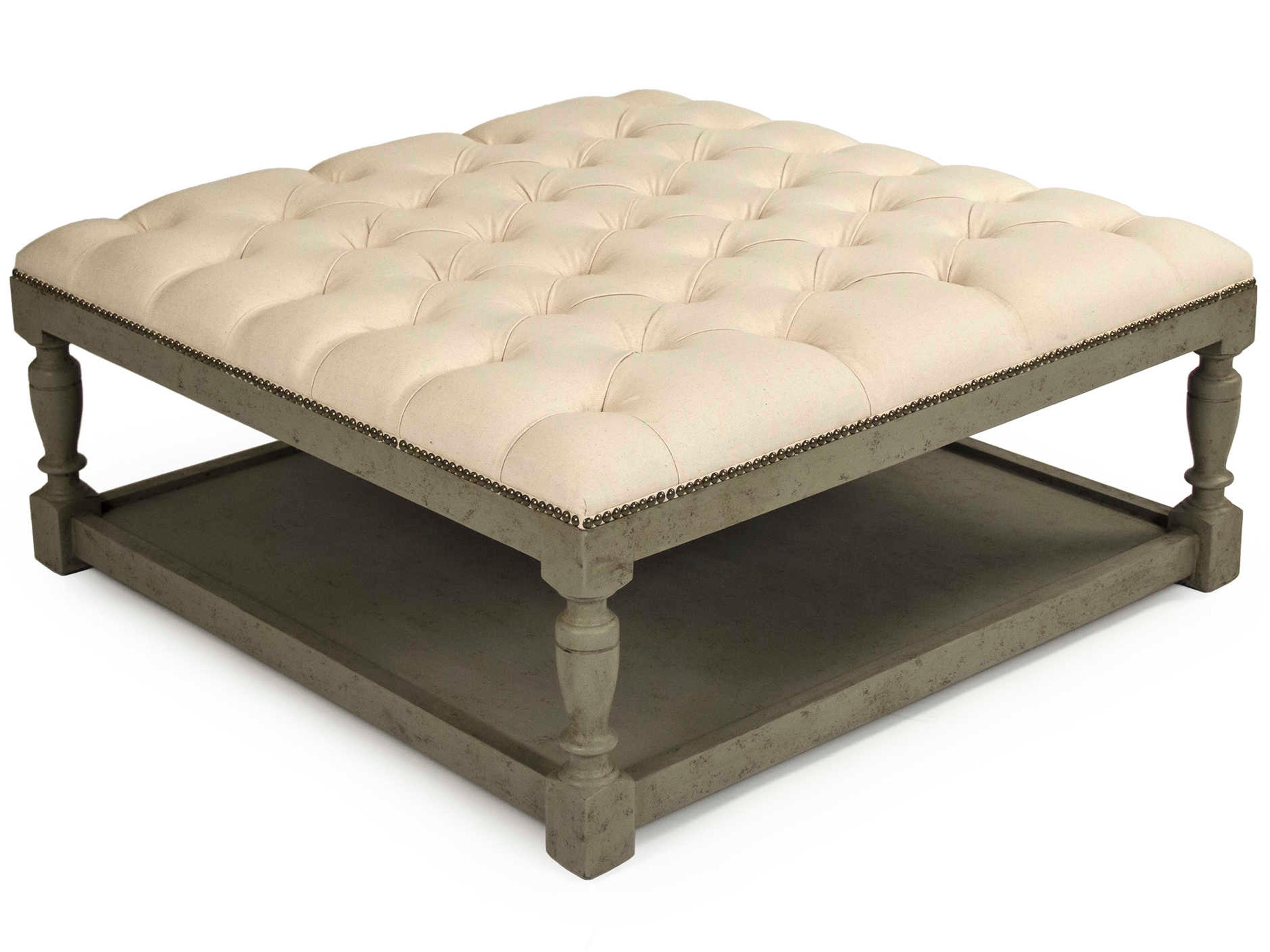 Zentique Cream Linen Upholstered Tufted Ottoman