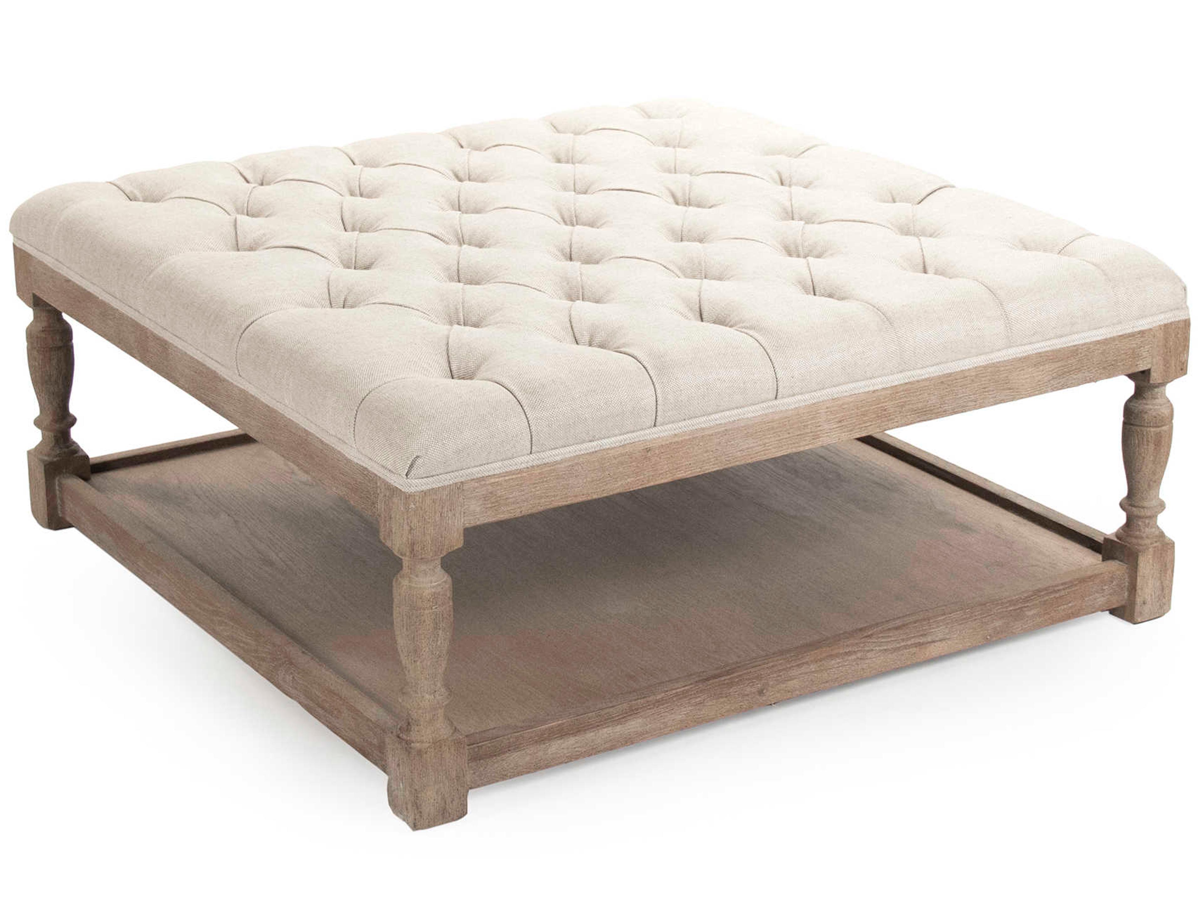 Zentique Cream Natural Linen Upholstered Tufted Ottoman