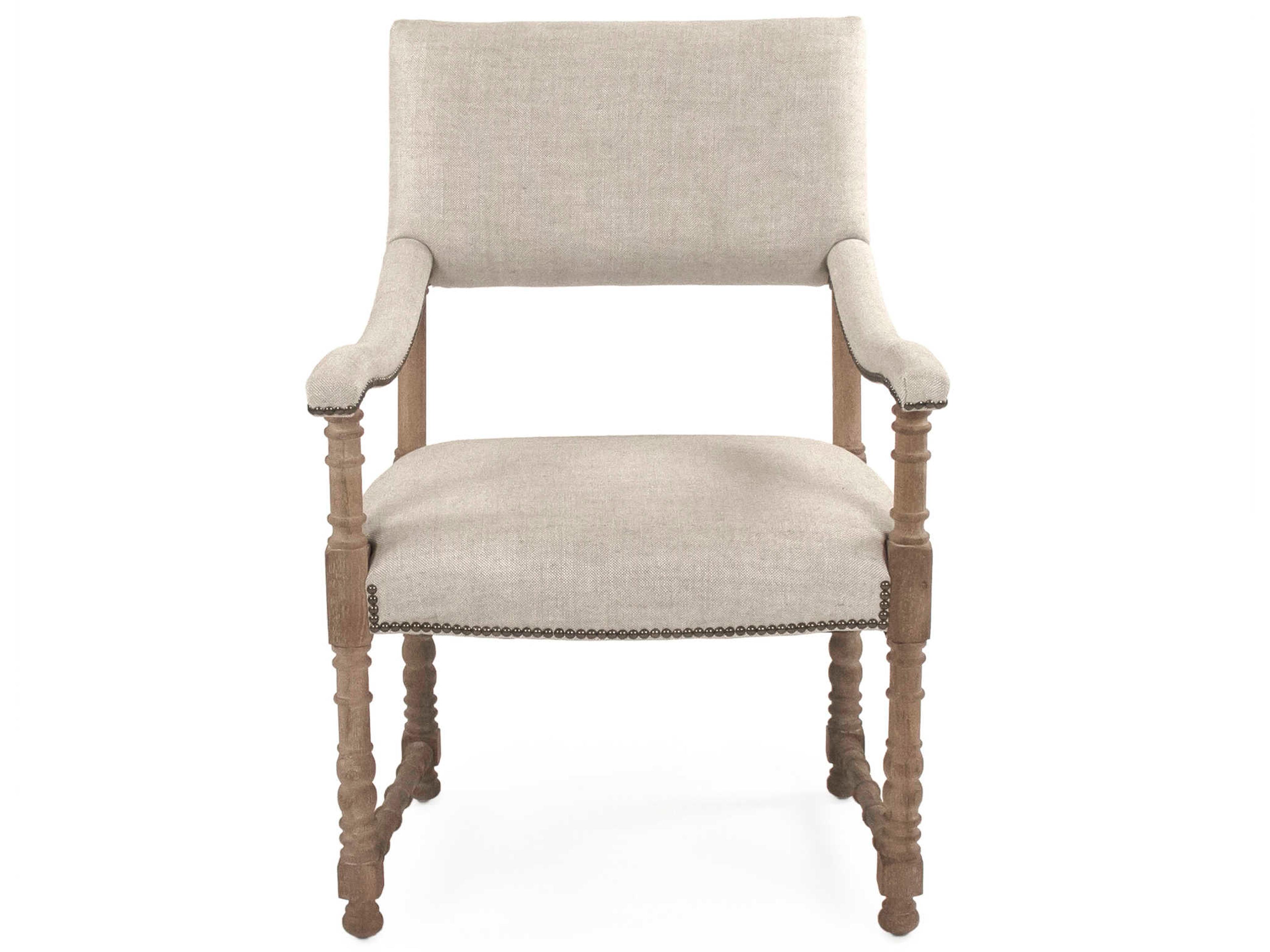 Zentique Oak Wood Beige Upholstered Arm Dining Chair