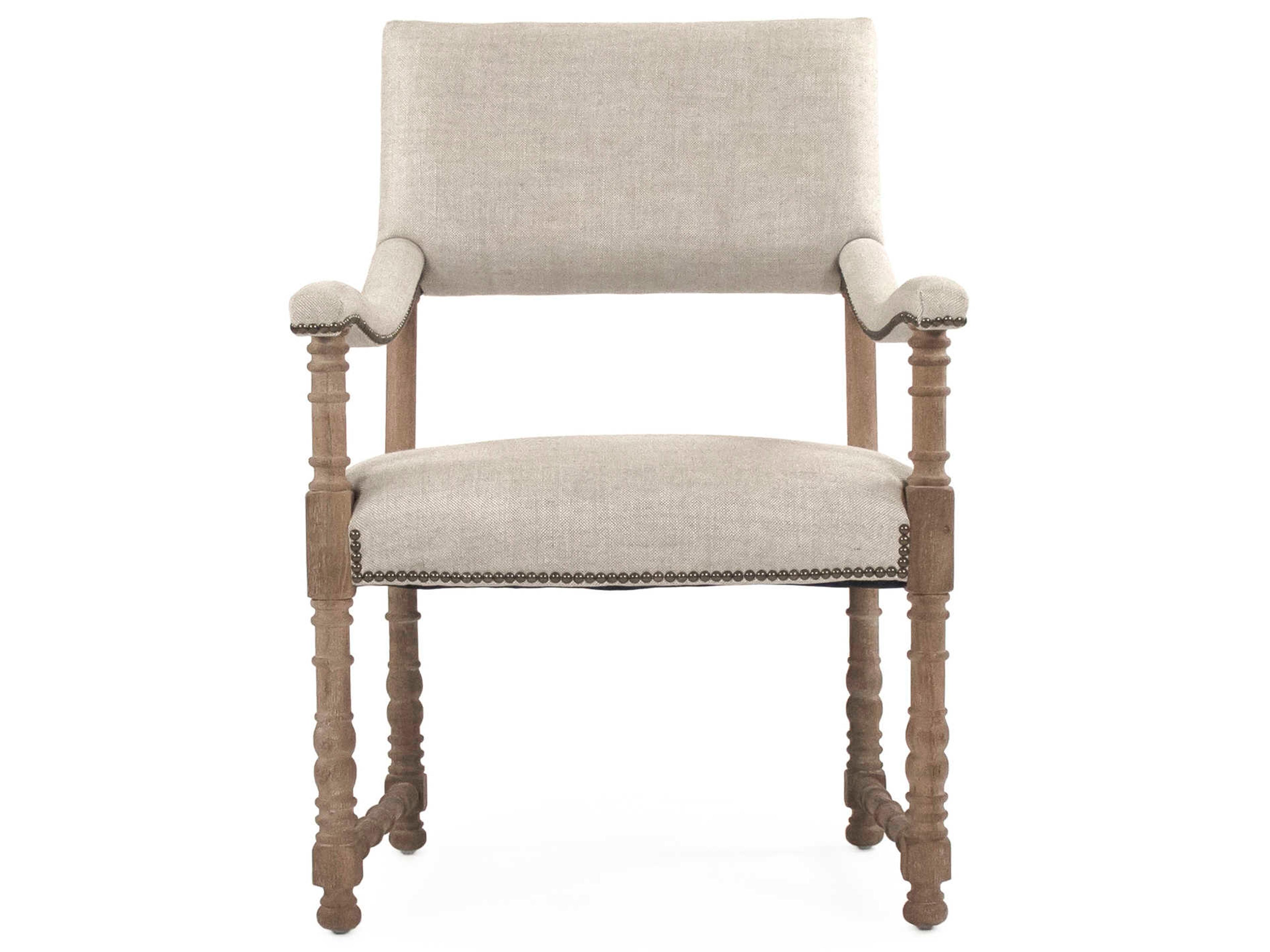 Zentique Oak Wood Beige Upholstered Arm Dining Chair