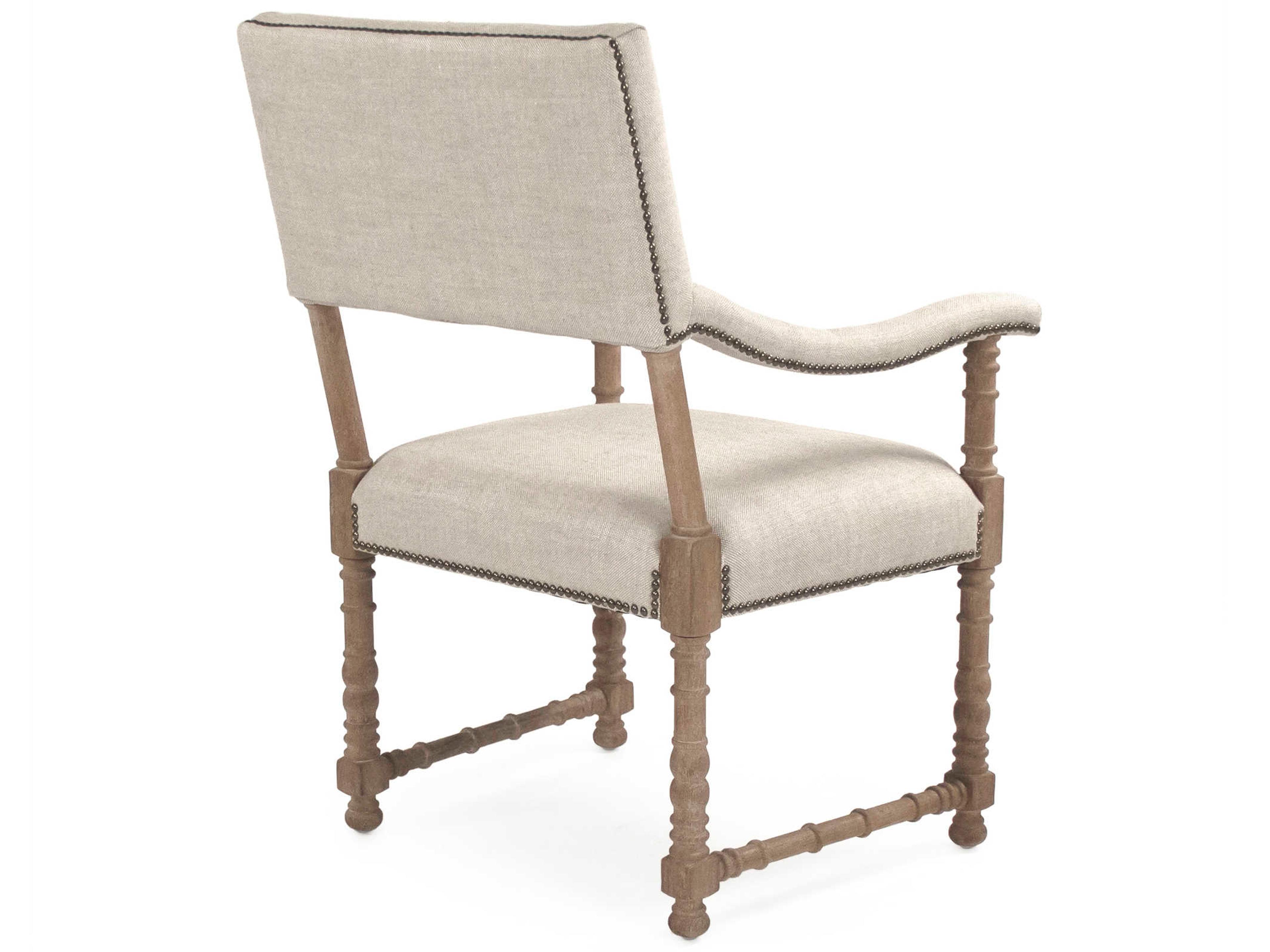 Zentique Oak Wood Beige Upholstered Arm Dining Chair