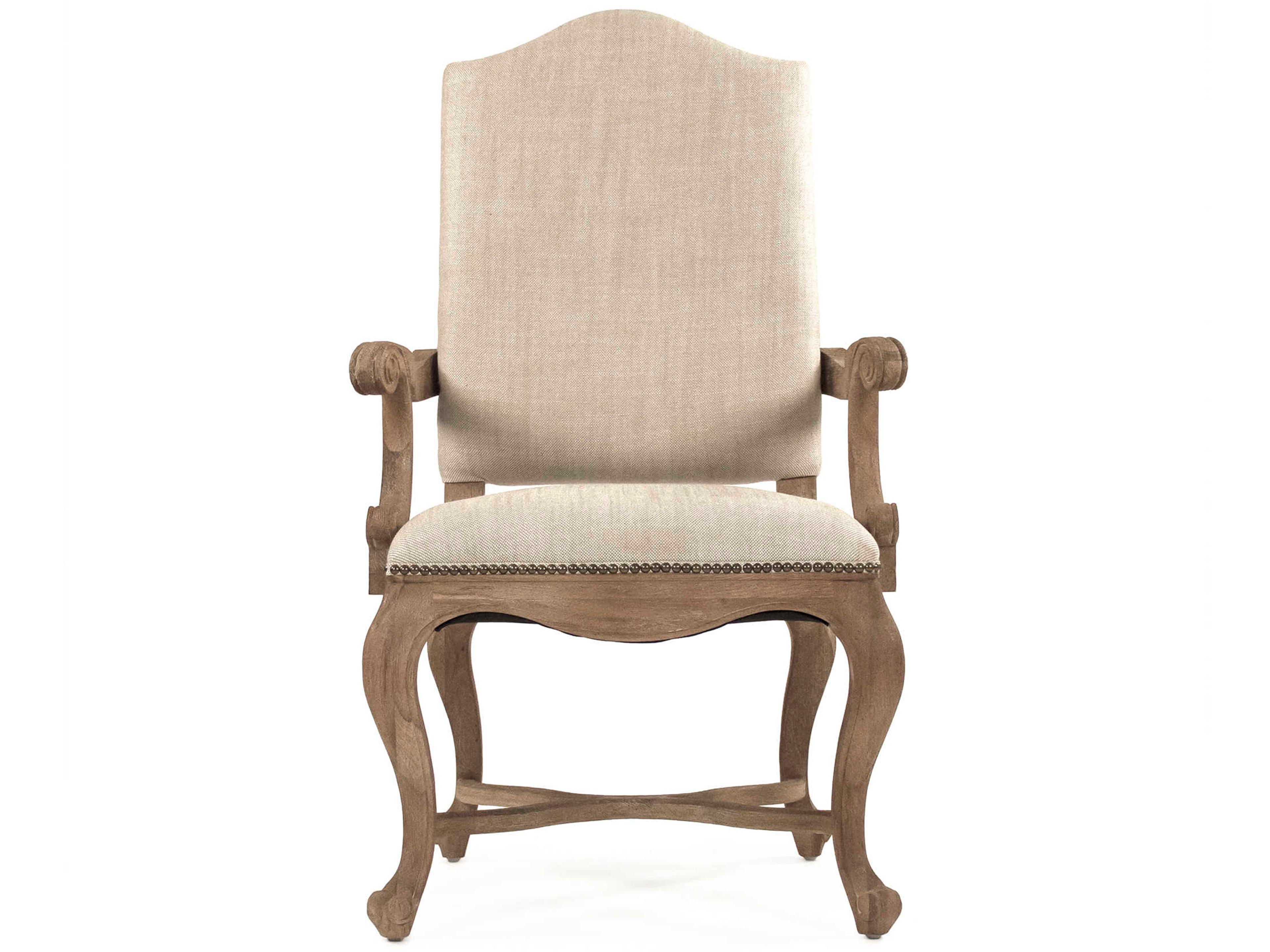 Zentique Oak Wood White Upholstered Arm Dining Chair