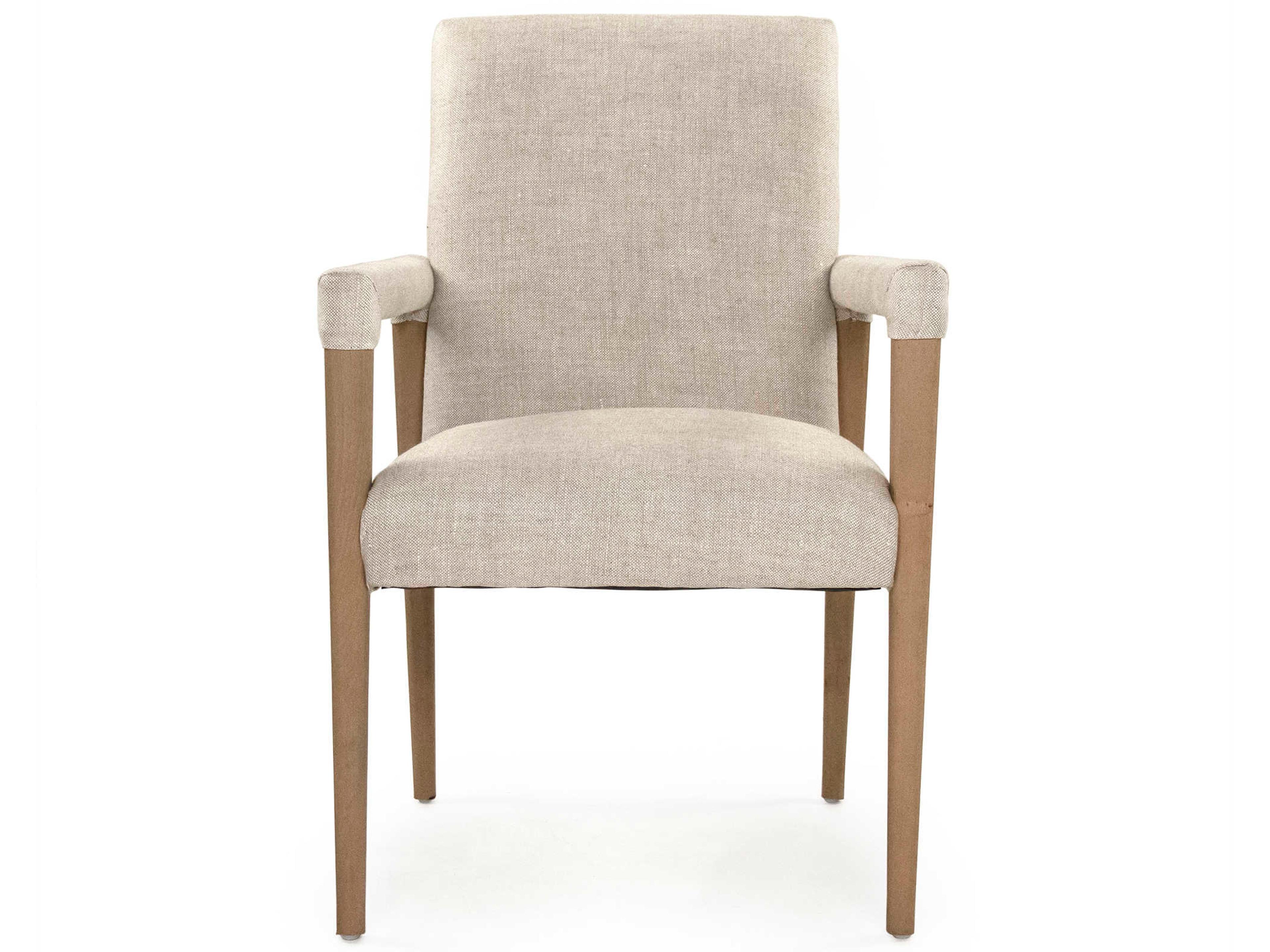 Zentique Oak Wood White Upholstered Arm Dining Chair