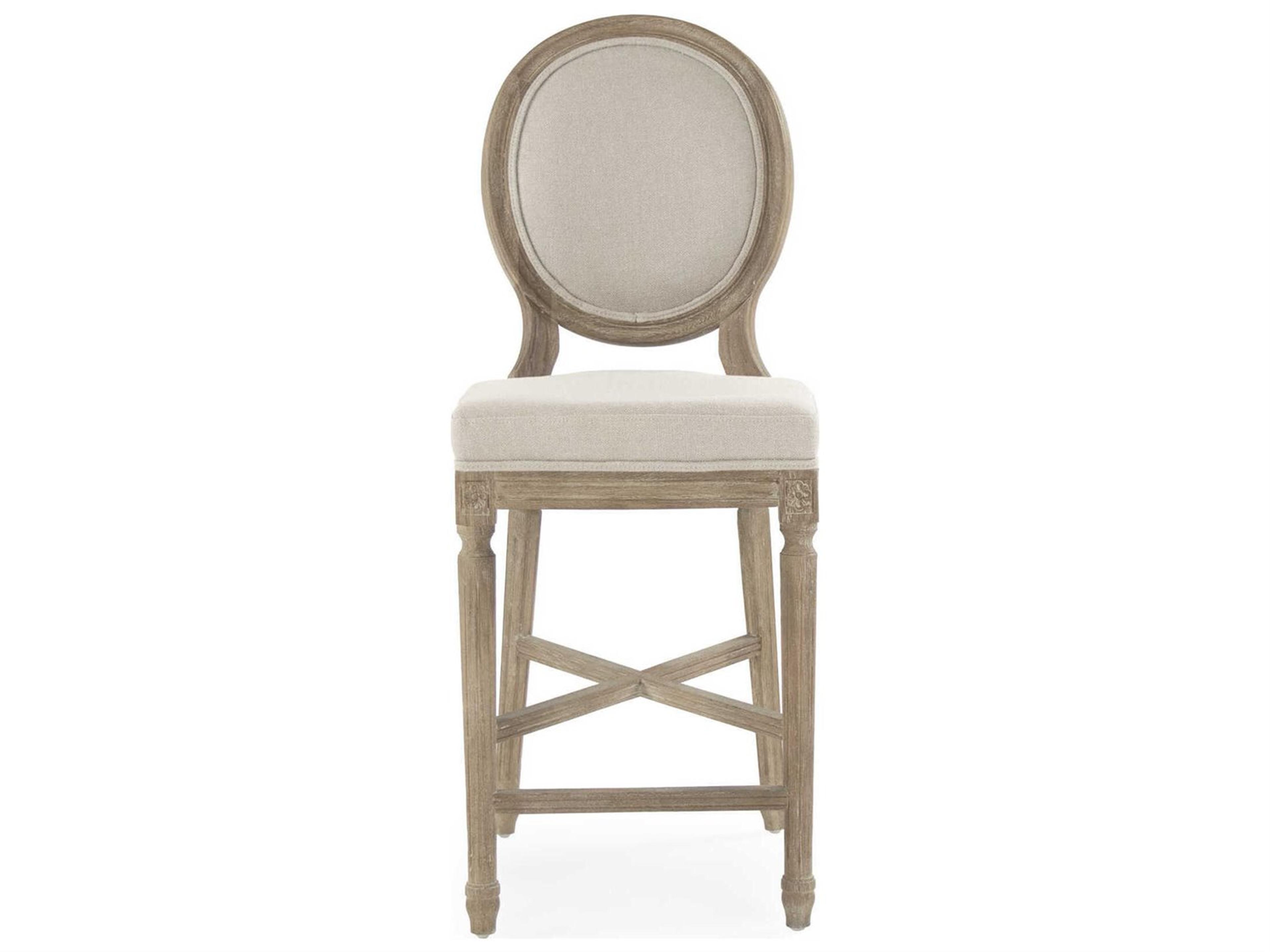 Zentique Medallion Limed Grey Oak Natural Linen Upholstered Wood Counter Stool