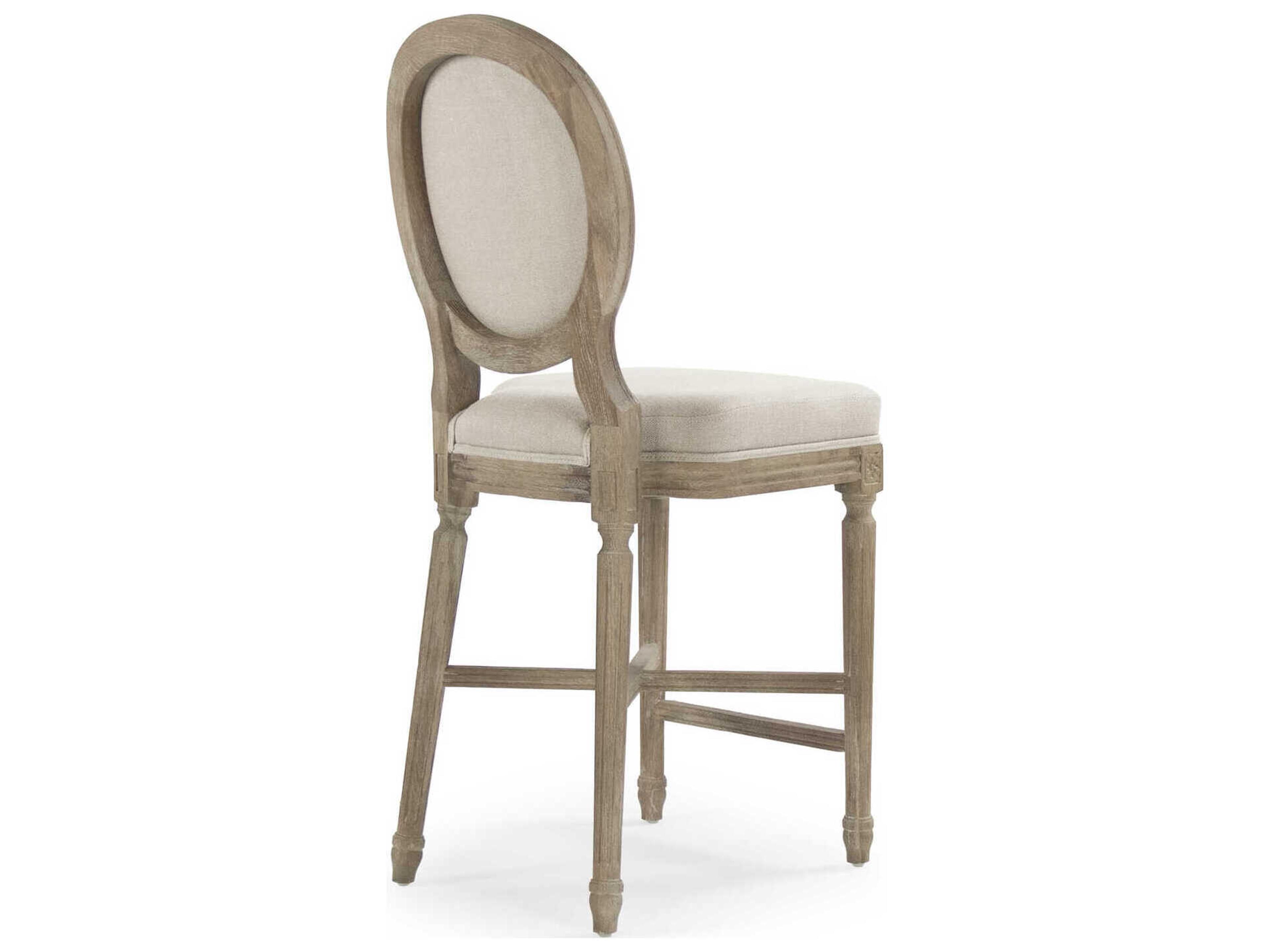 Zentique Medallion Limed Grey Oak Natural Linen Upholstered Wood Counter Stool