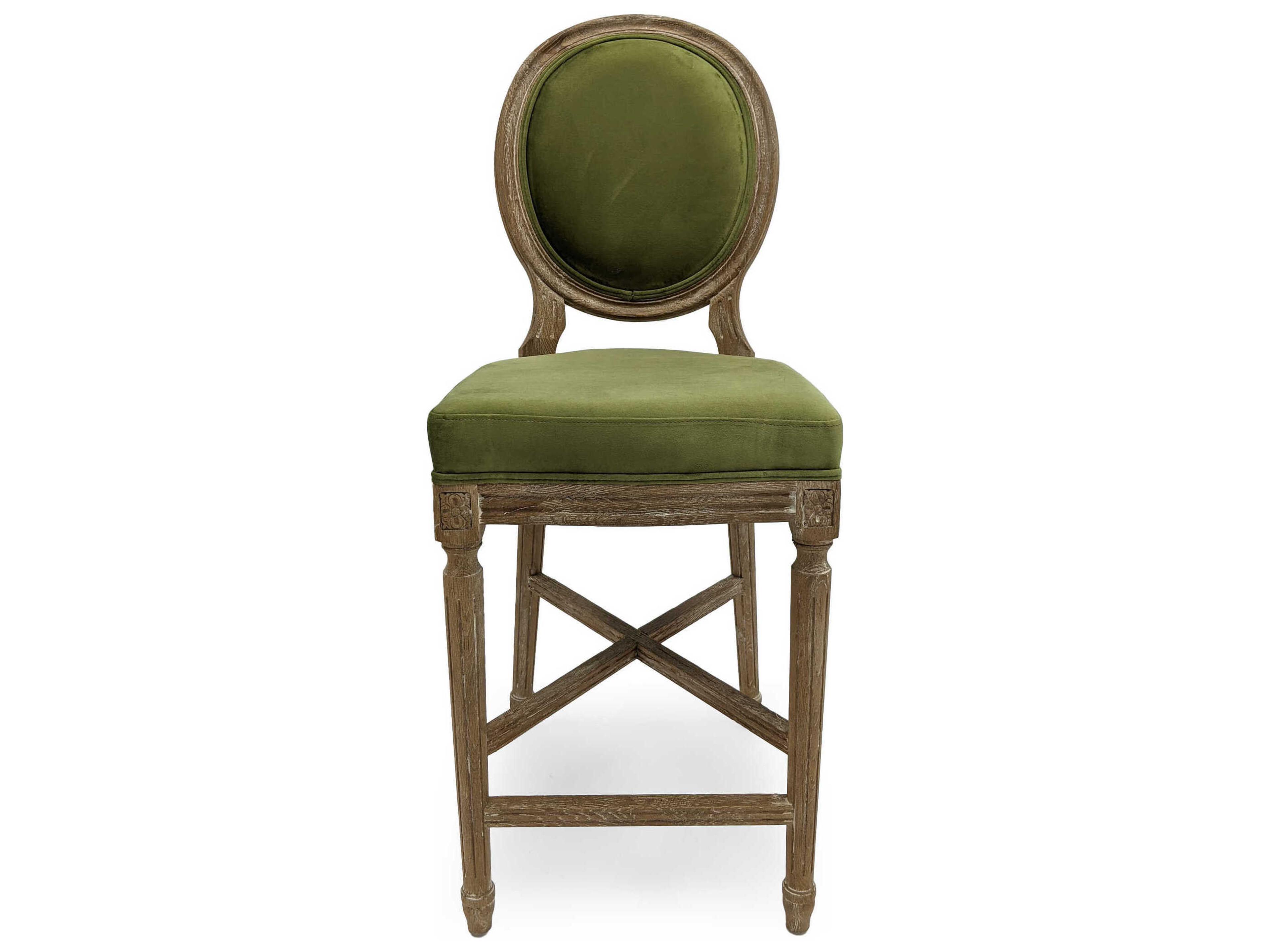 Medallion Limed Grey Oak Green Velvet Upholstered Wood Counter Stool