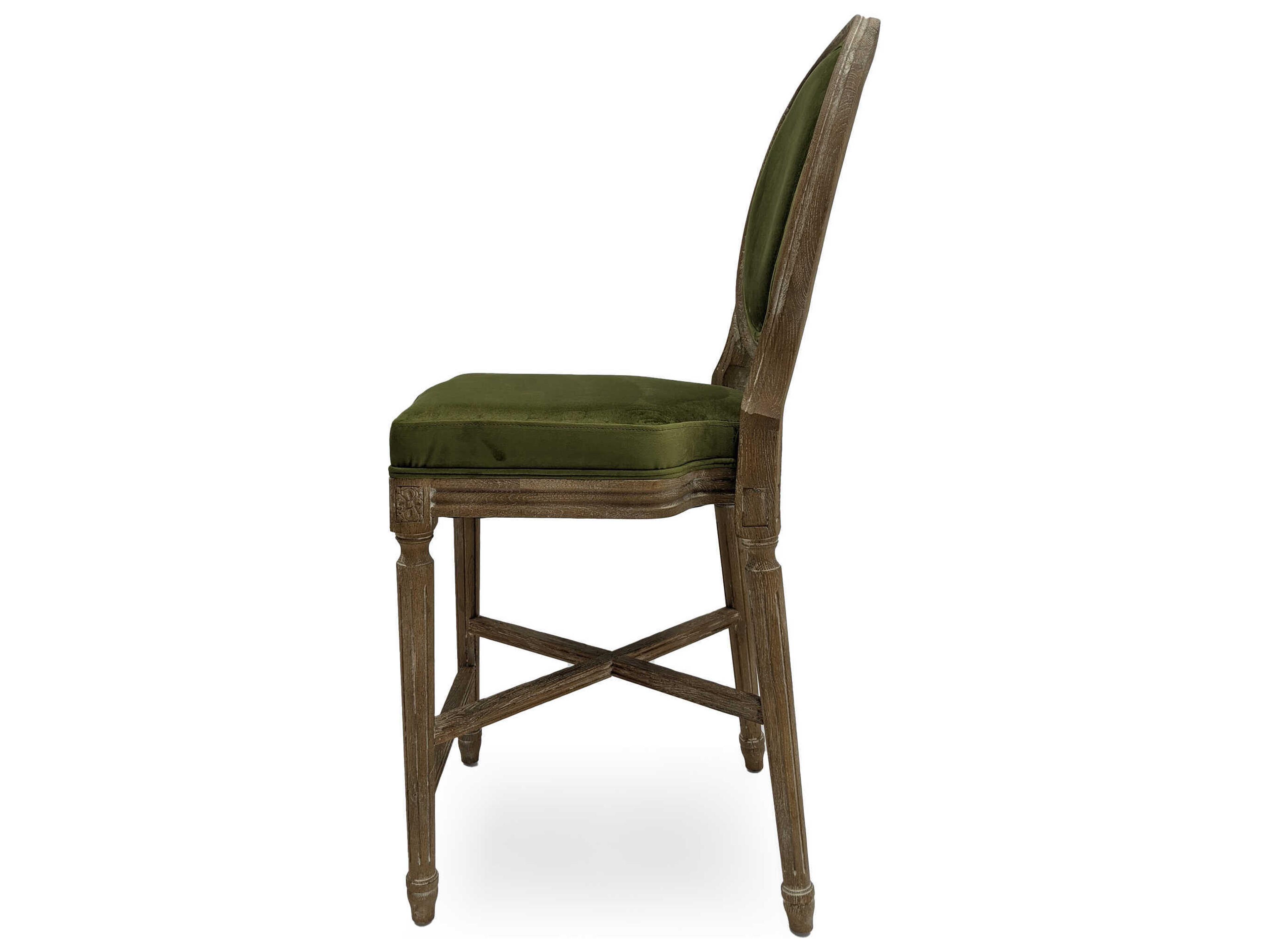 Zentique Medallion Limed Grey Oak Green Velvet Upholstered Wood Counter Stool