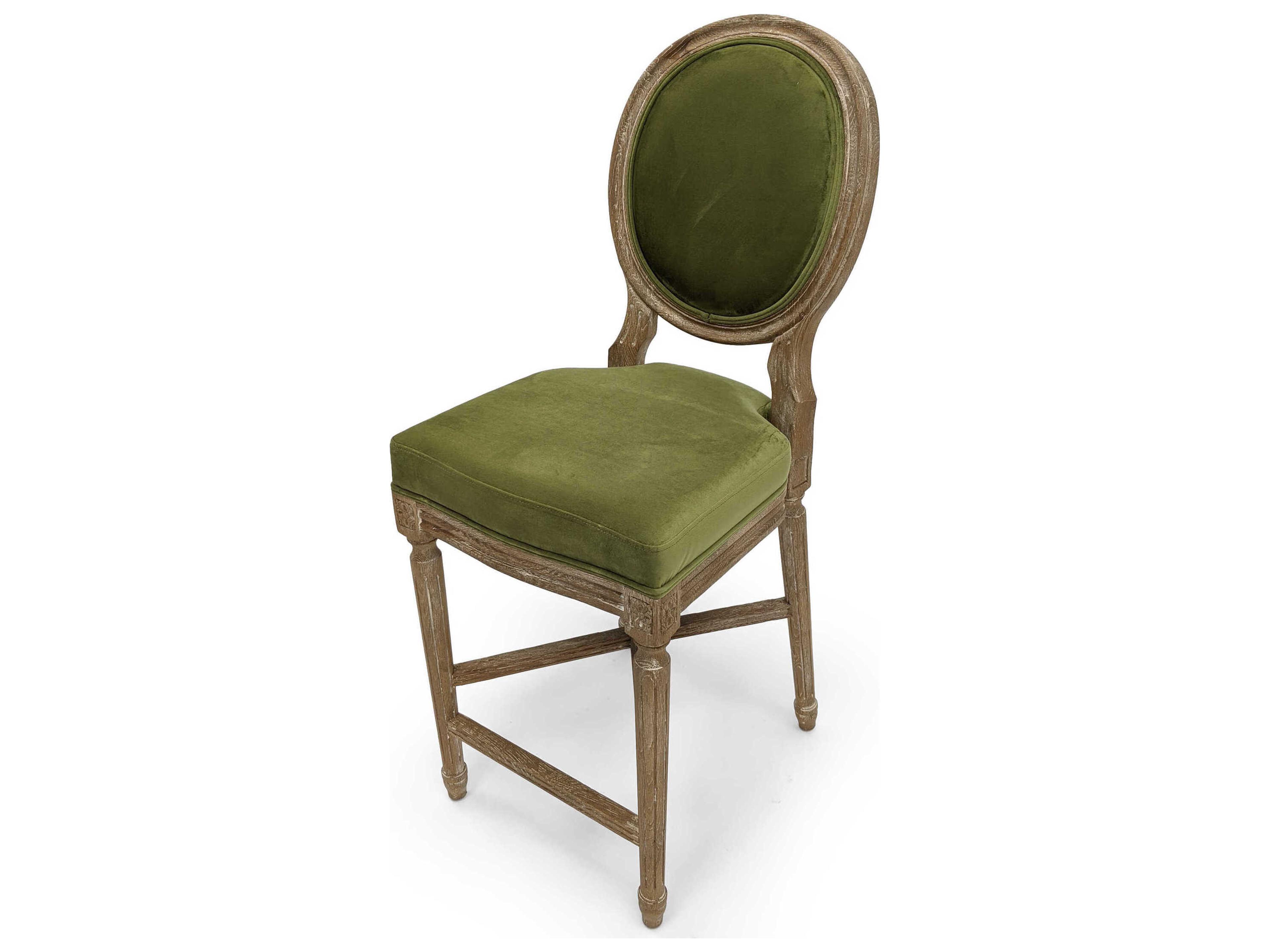 Zentique Medallion Limed Grey Oak Green Velvet Upholstered Wood Counter Stool