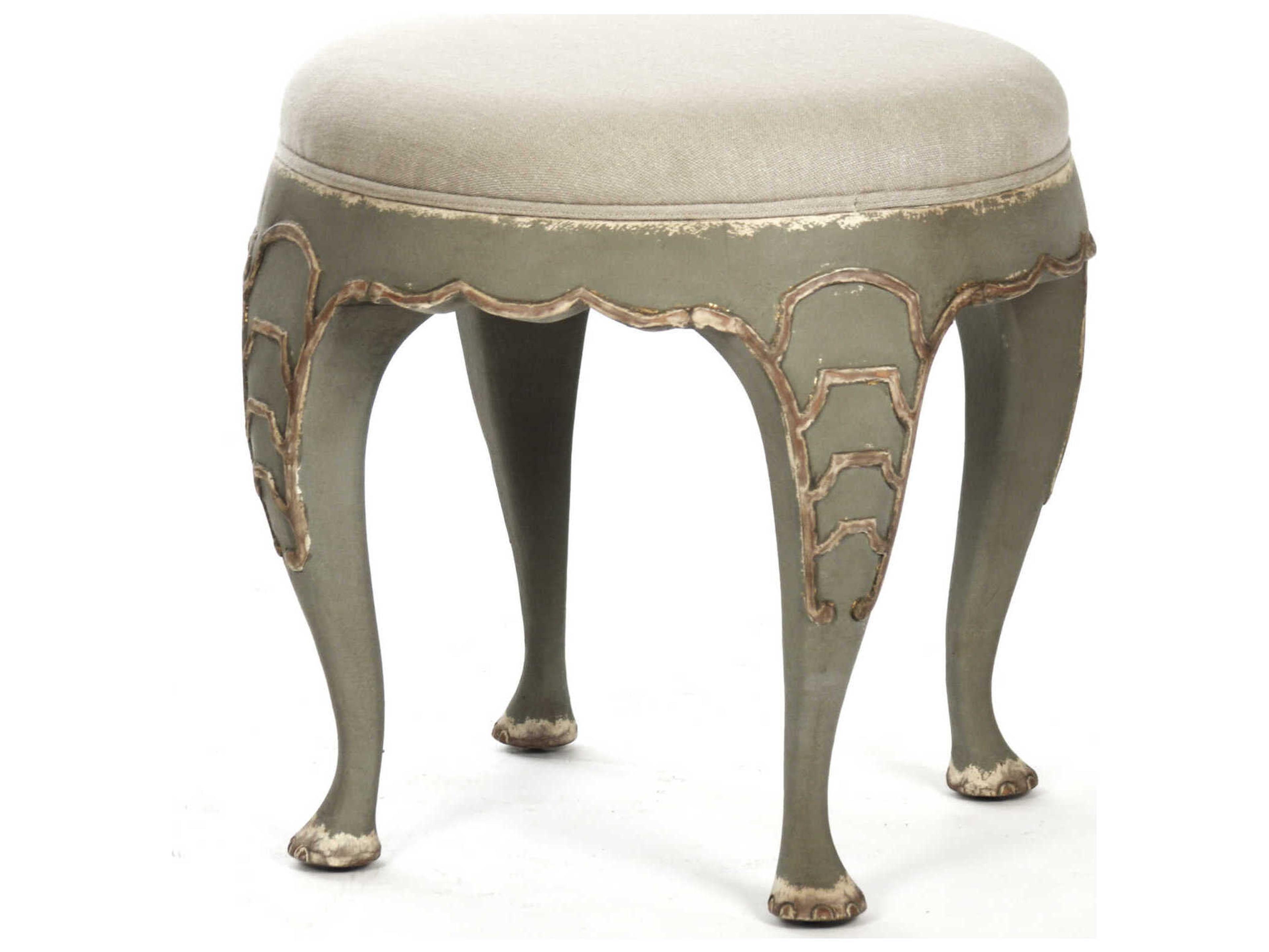 Zentique Leo Distressed Olive Green Beige Linen Upholstered Accent Stool