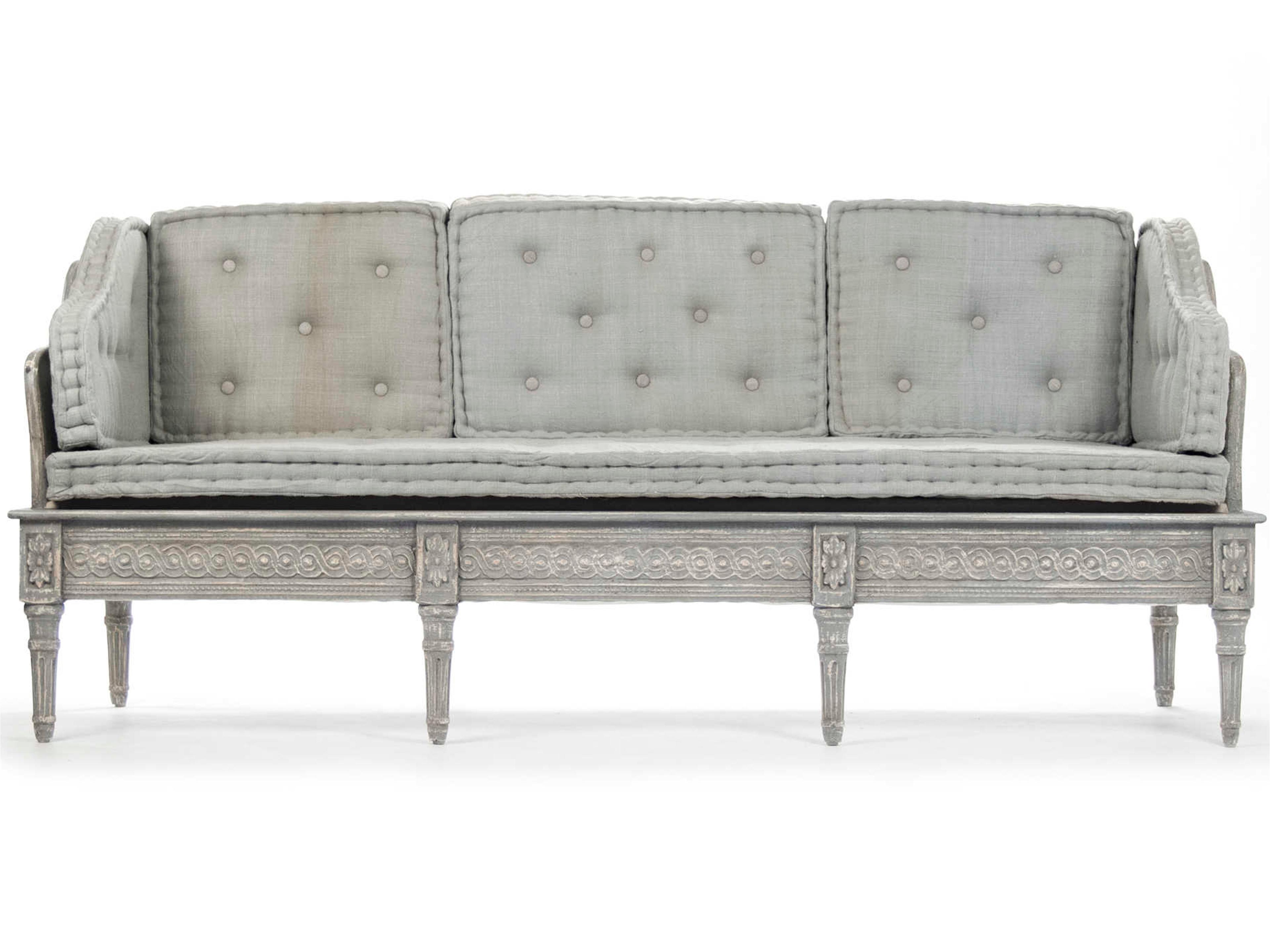 Zentique Distressed Dove Grey Blue Silk Upholstered Accent Bench