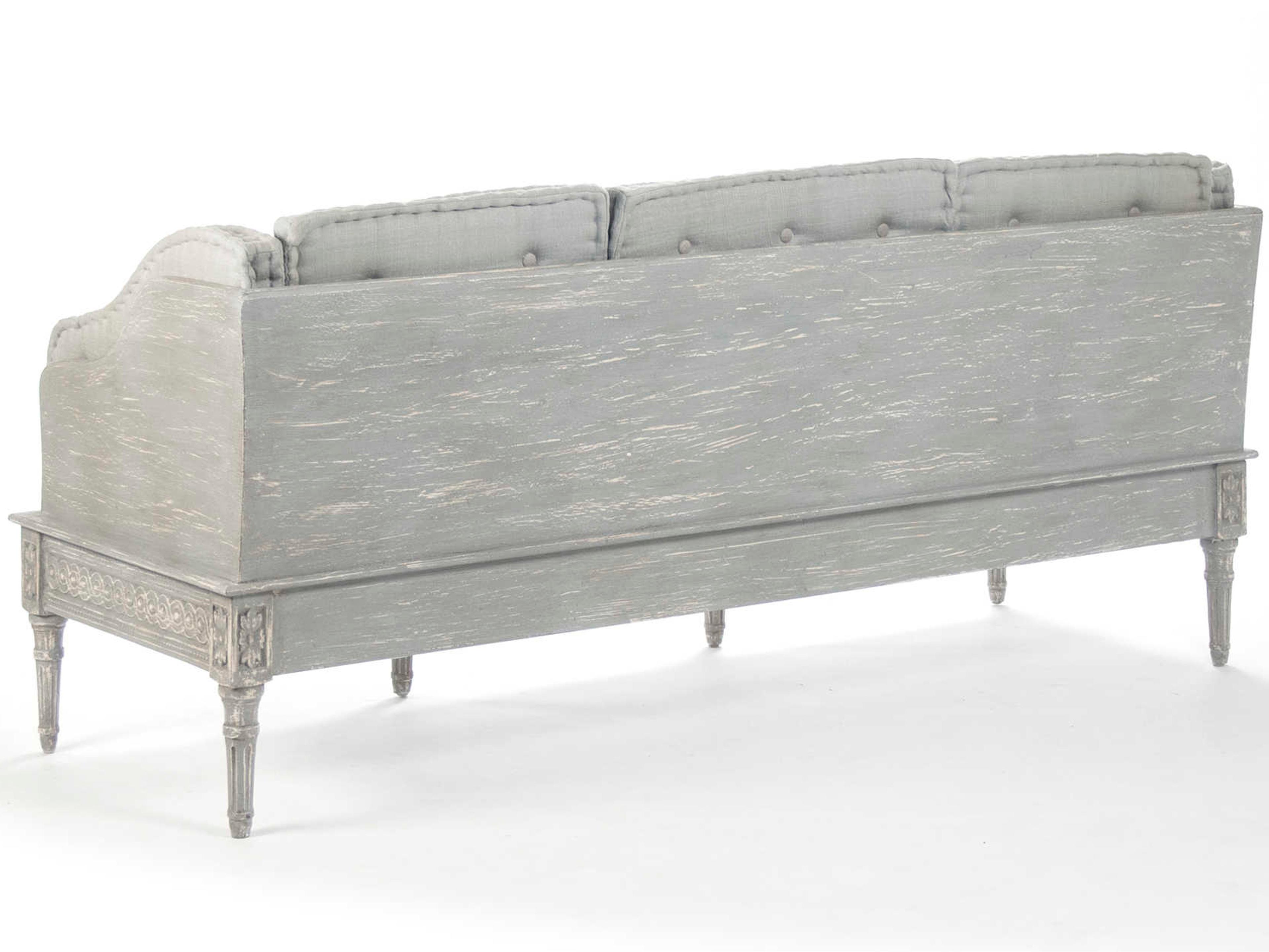 Zentique Distressed Dove Grey Blue Silk Upholstered Accent Bench