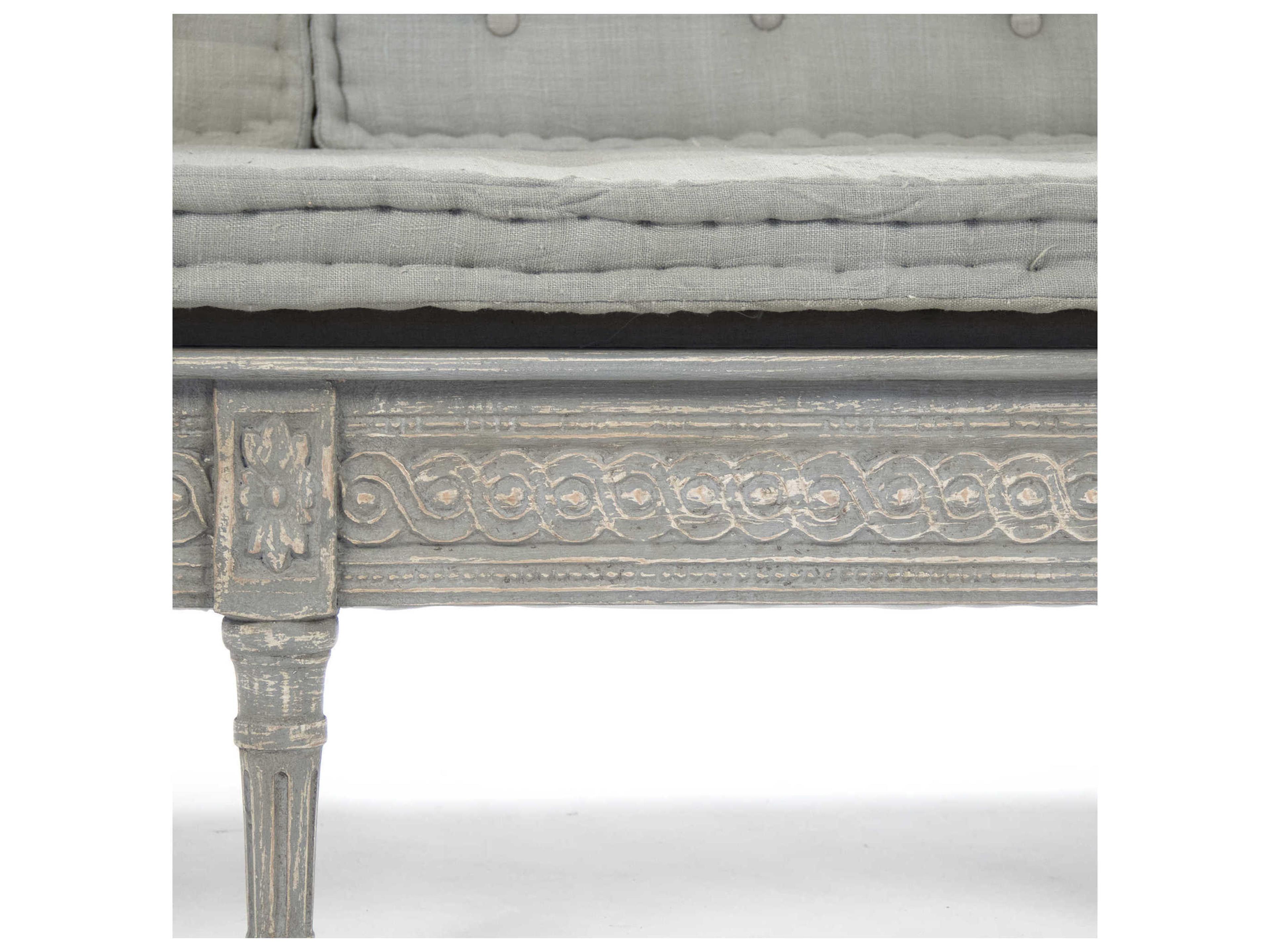 Zentique Distressed Dove Grey Blue Silk Upholstered Accent Bench