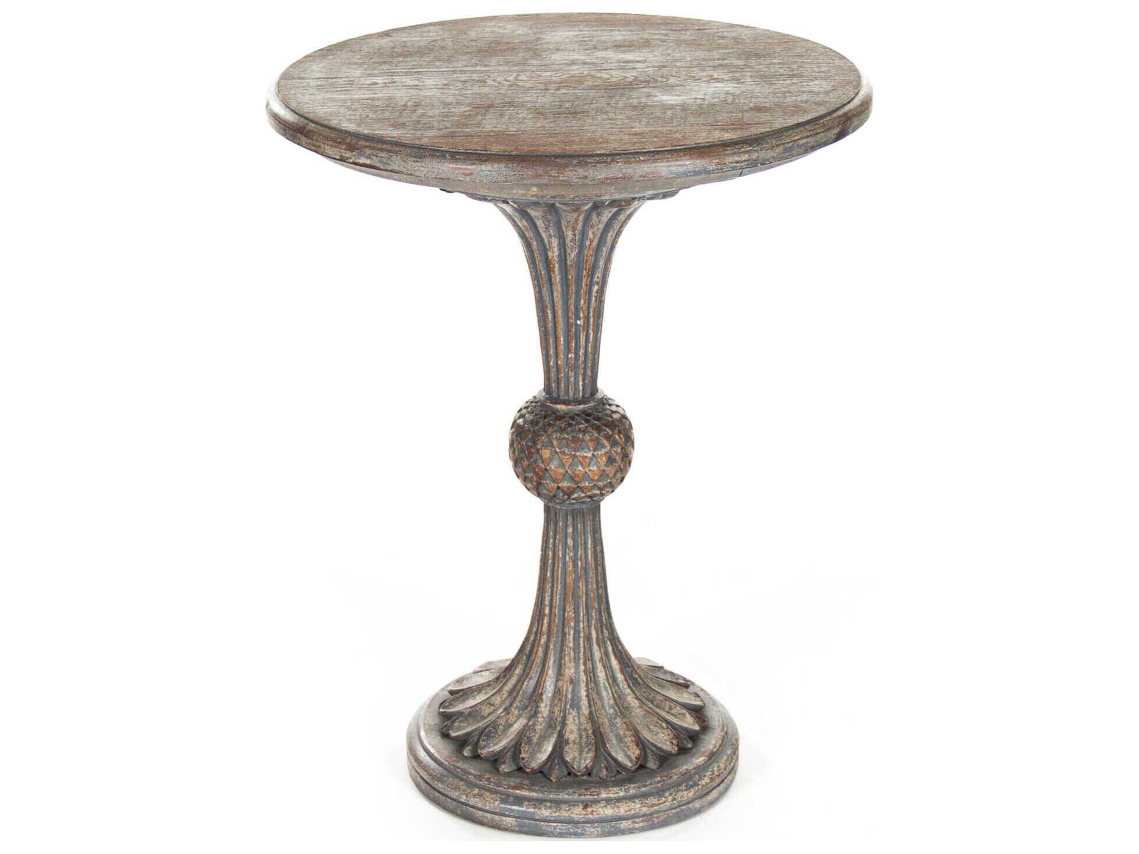 Fabiola Round Wood Distressed Grey Brown End Table