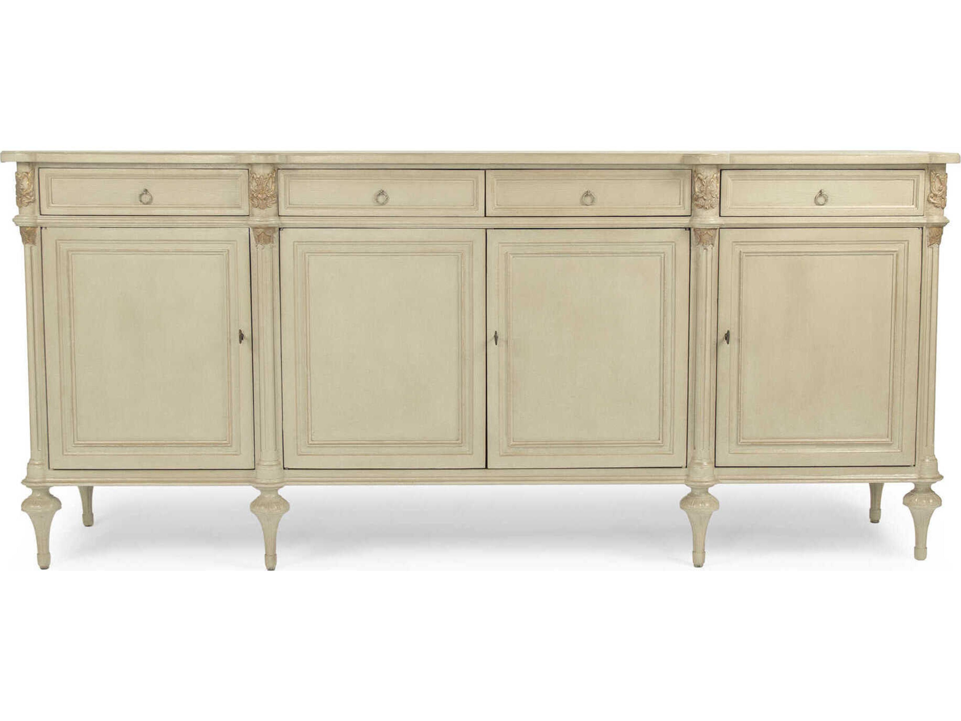 Zentique Astor 87" Birch Wood Distressed Cream And Gold Leaf Sideboard