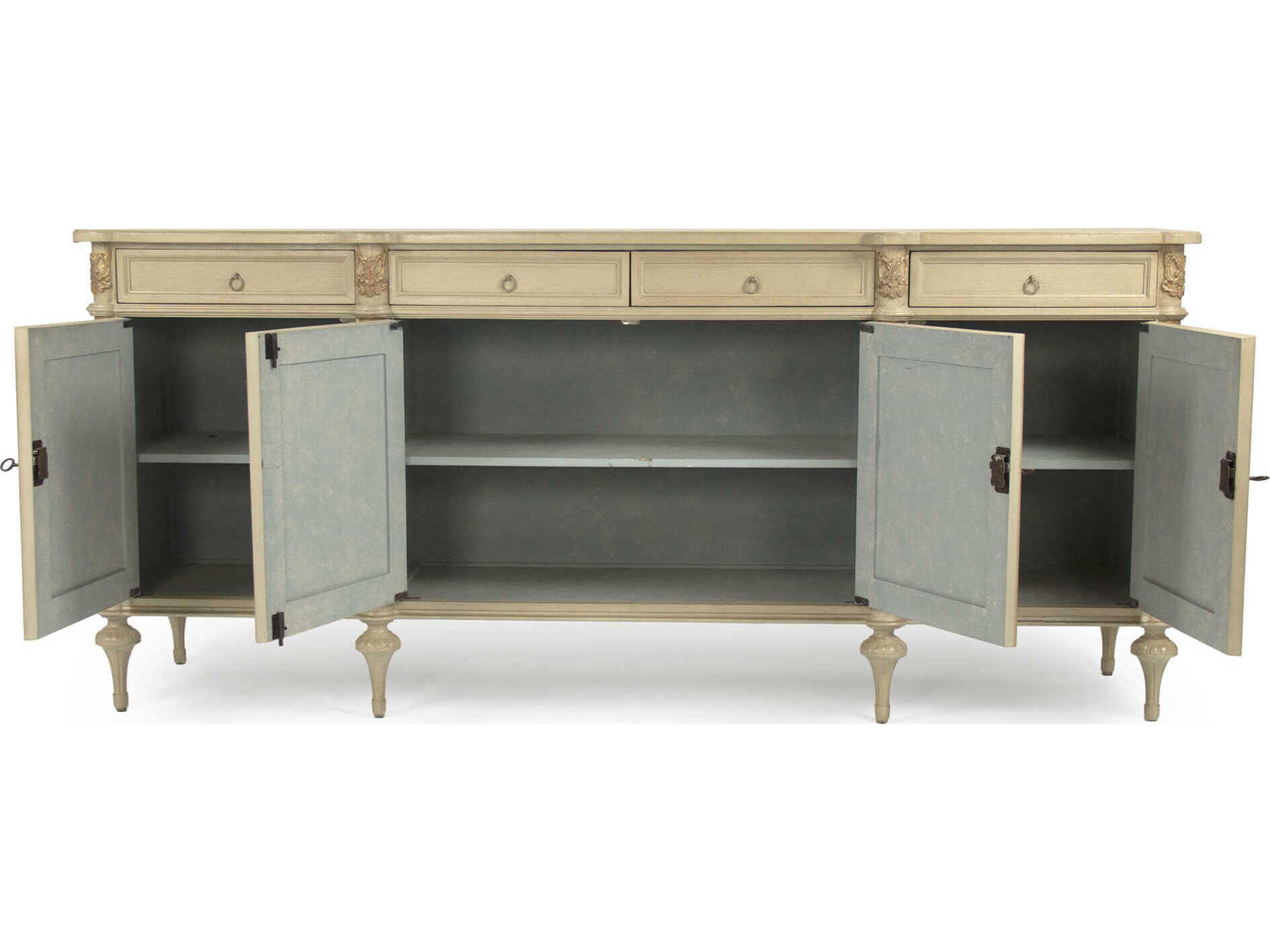 Zentique Astor 87" Birch Wood Distressed Cream And Gold Leaf Sideboard