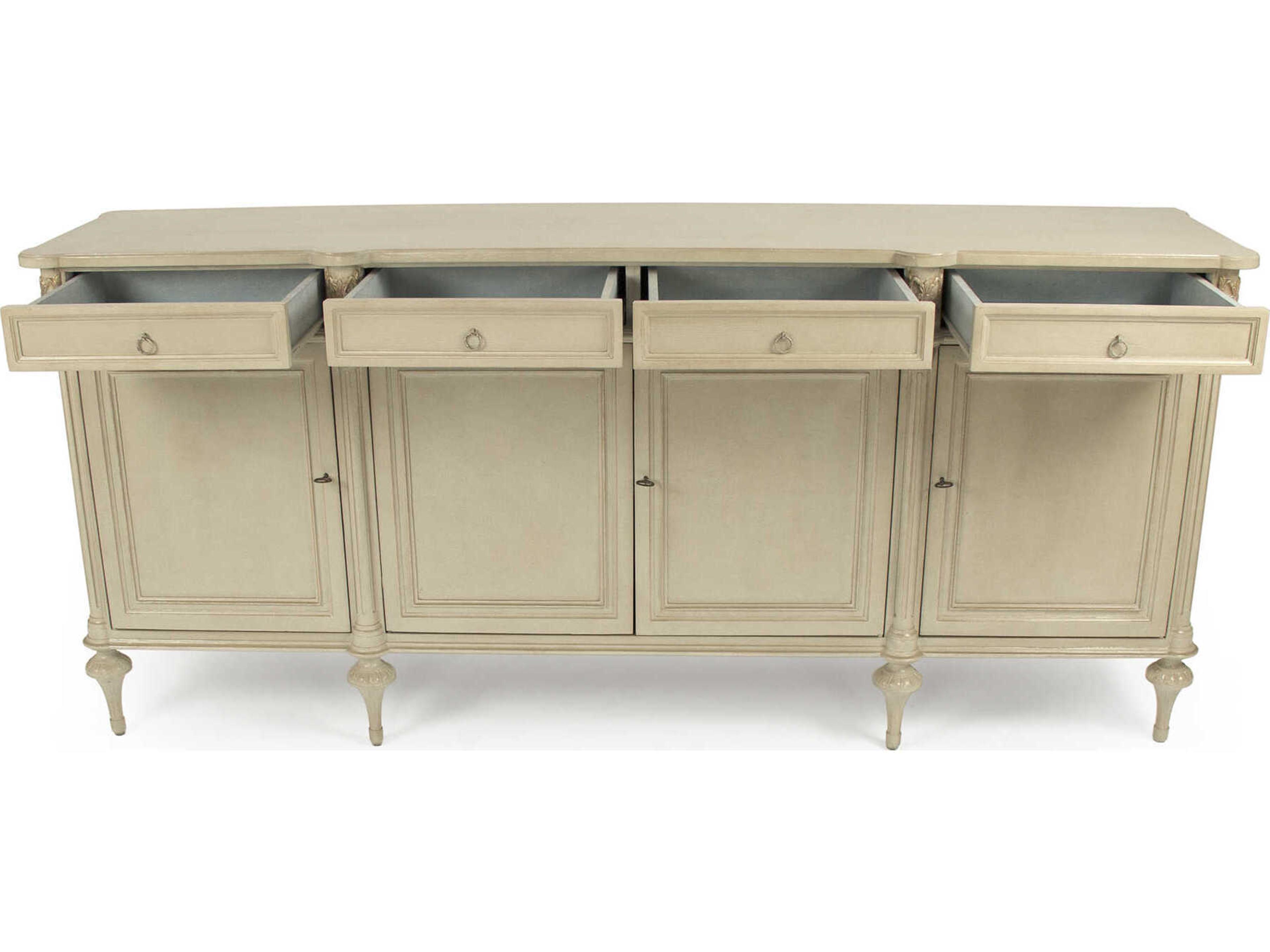 Zentique Astor 87" Birch Wood Distressed Cream And Gold Leaf Sideboard