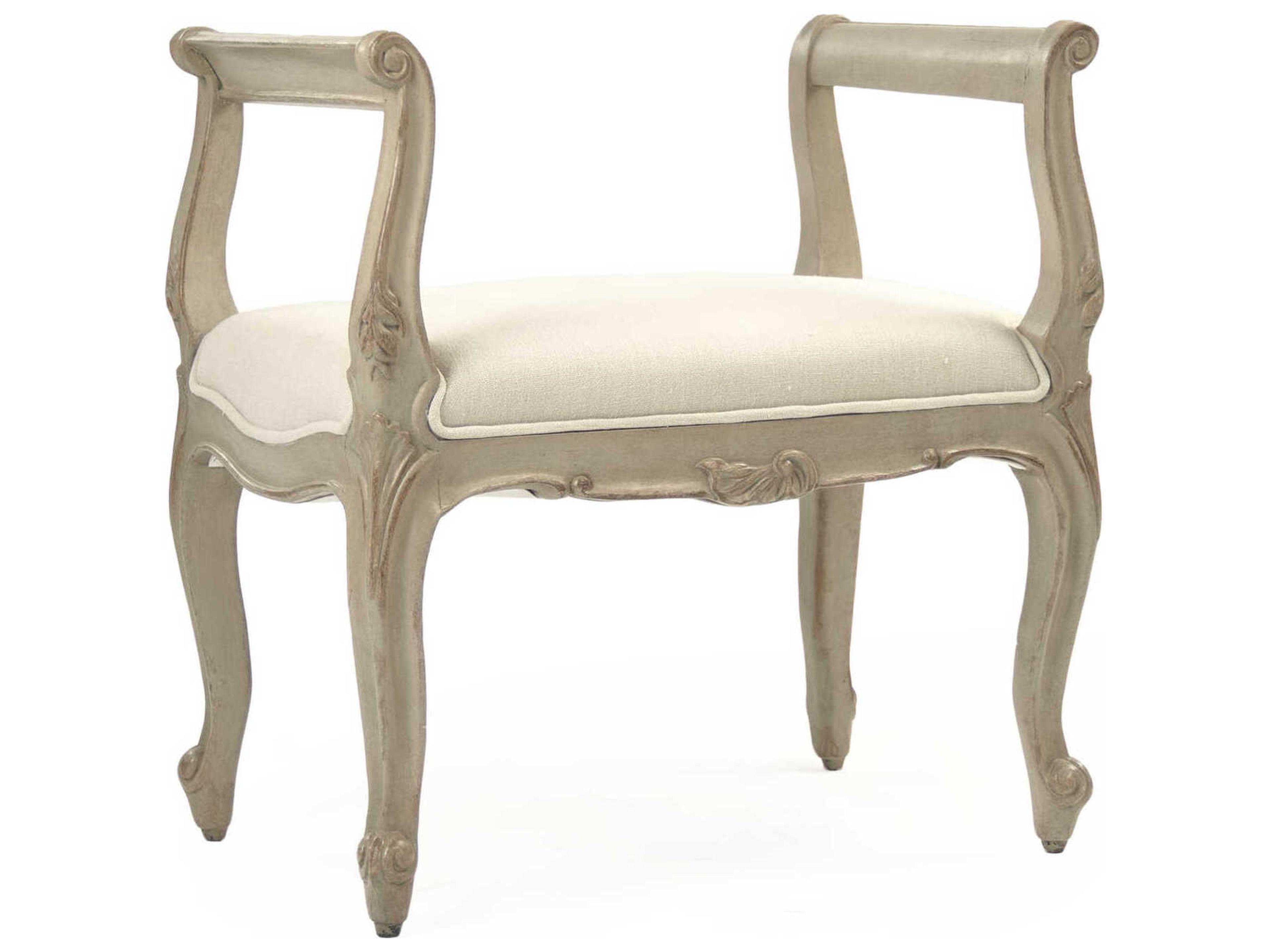 Cammi Distressed Taupe White Upholstered Accent Stool