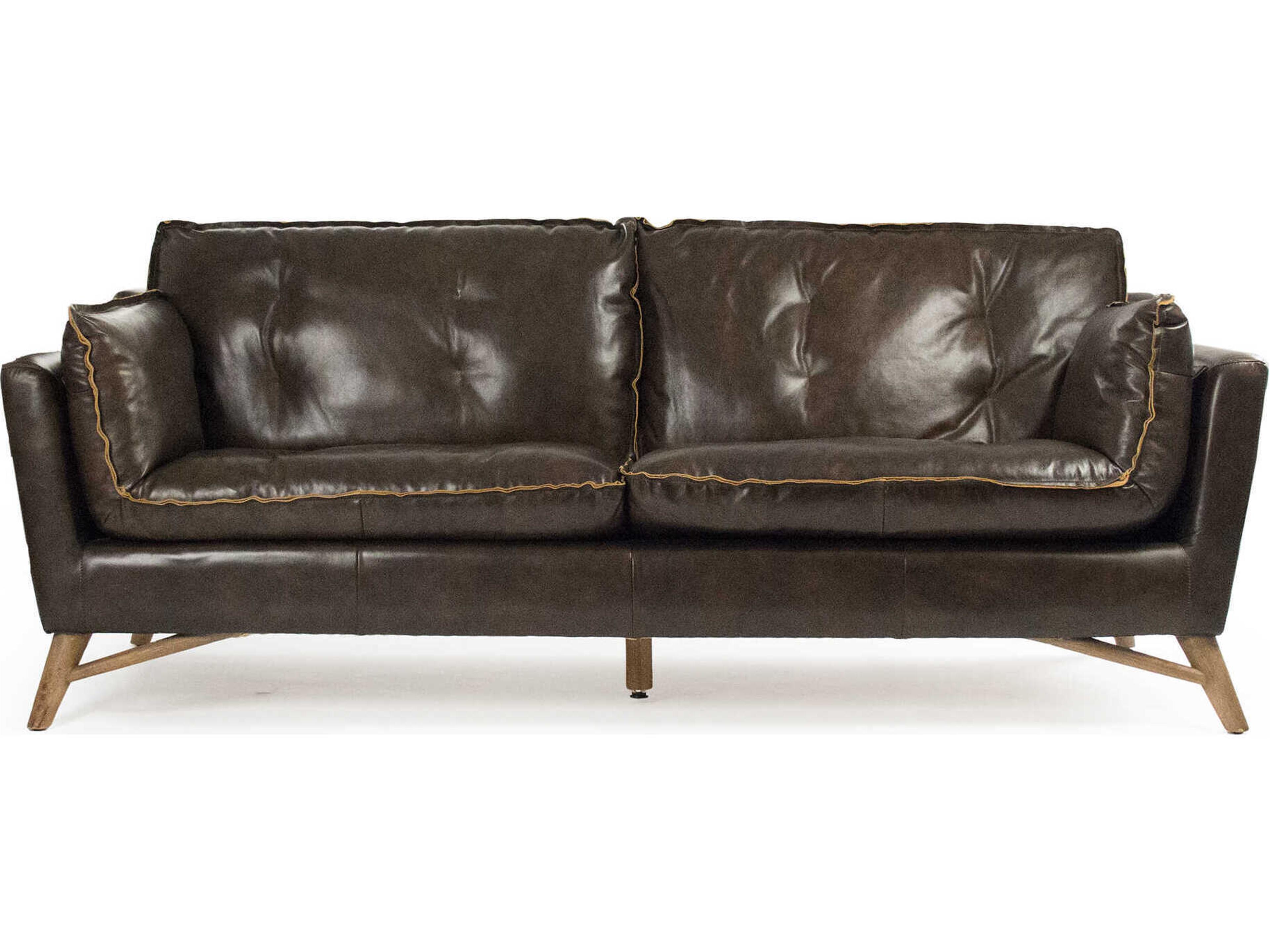 Zentique Juste Weathered Rubberwood Brown Leather Sofa