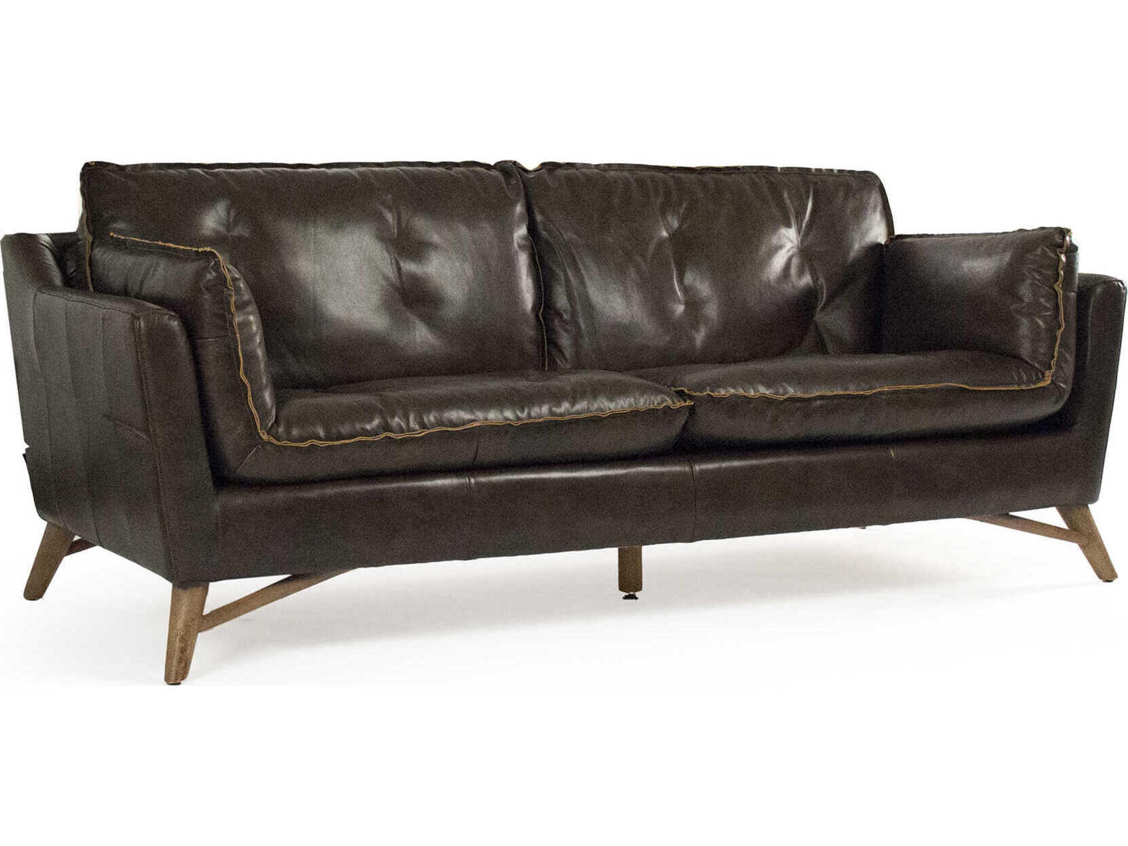 Juste Weathered Rubberwood Brown Leather Sofa