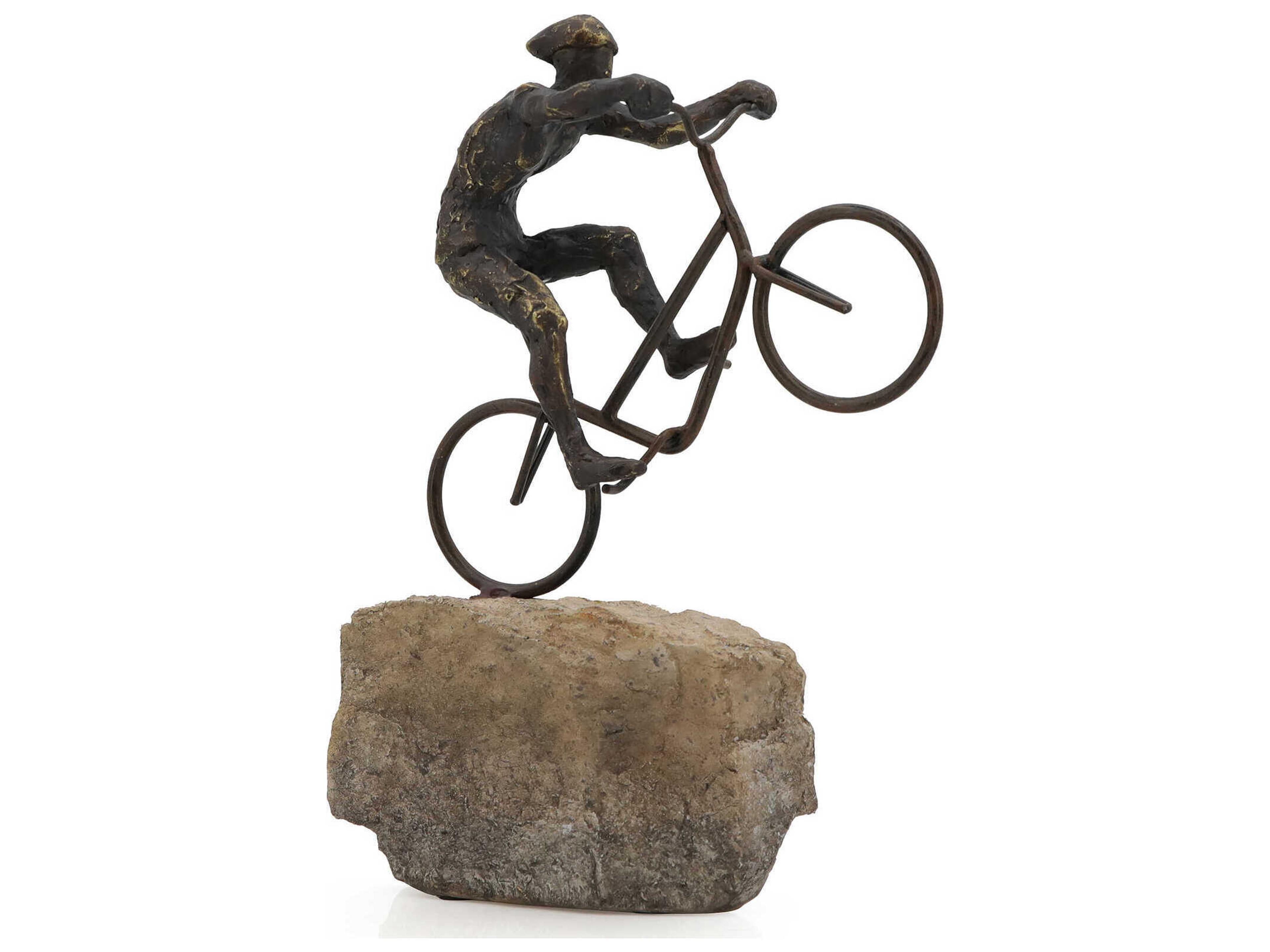 Zentique Mountain Biker on Rock Figurine Rustic Dark Bronze Stone Lacquer Sculpture