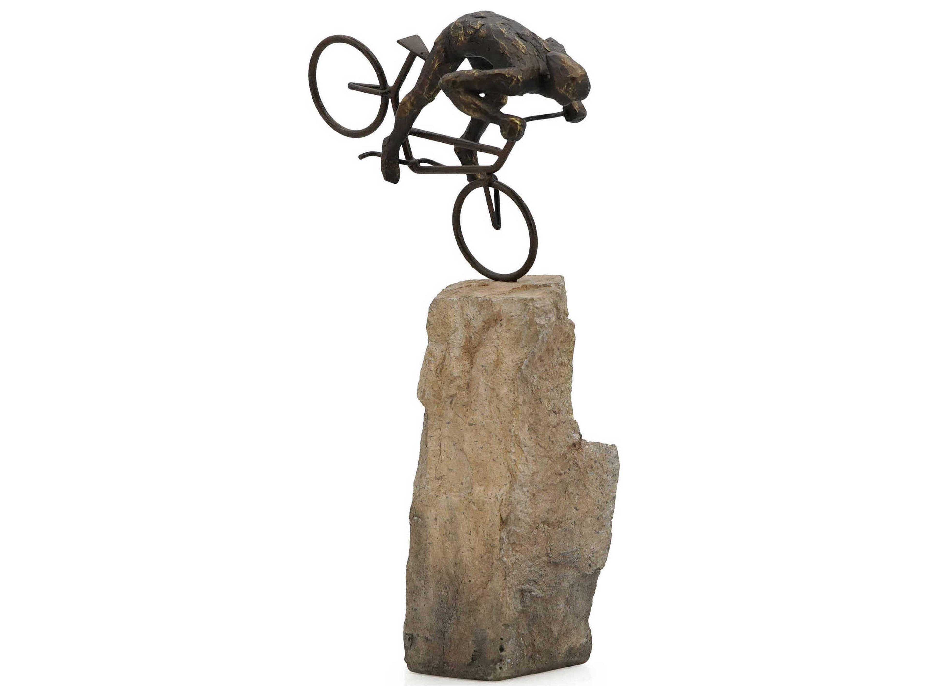 Zentique Mountain Biker on Rock Figurine Rustic Dark Bronze Stone Lacquer Sculpture