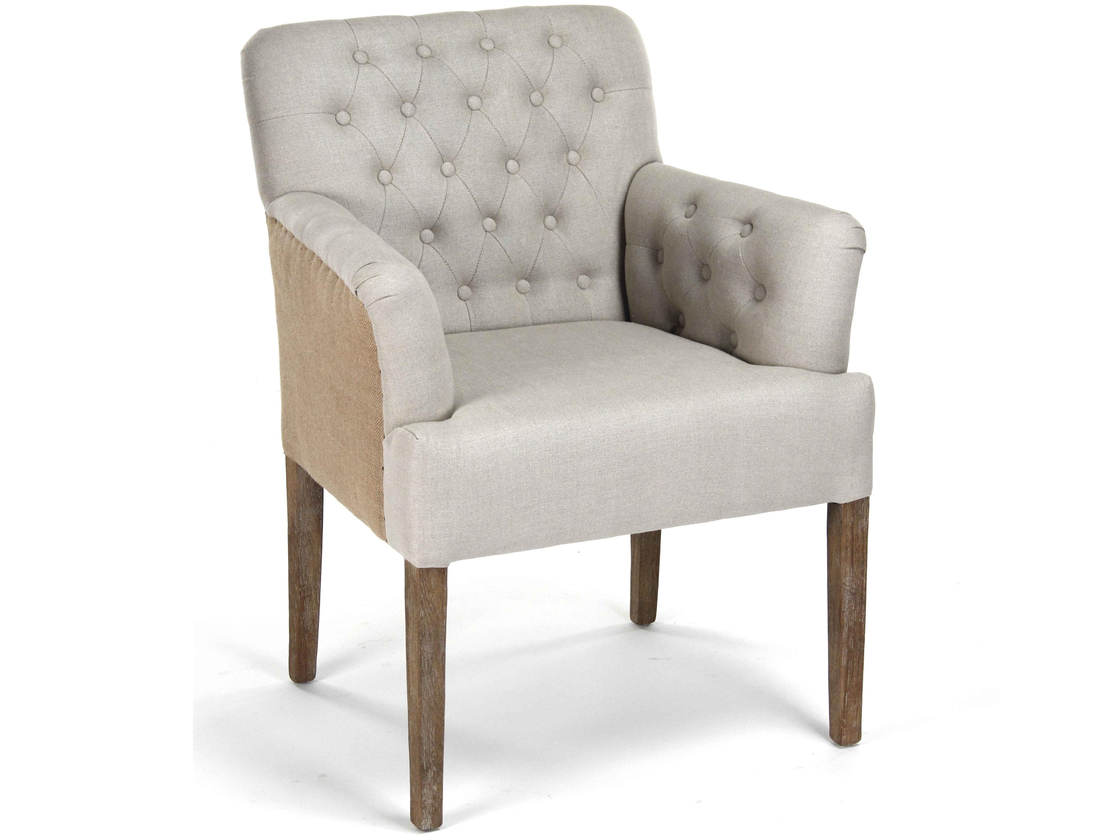 Zentique Barrois Oak Wood Gray Upholstered Arm Dining Chair