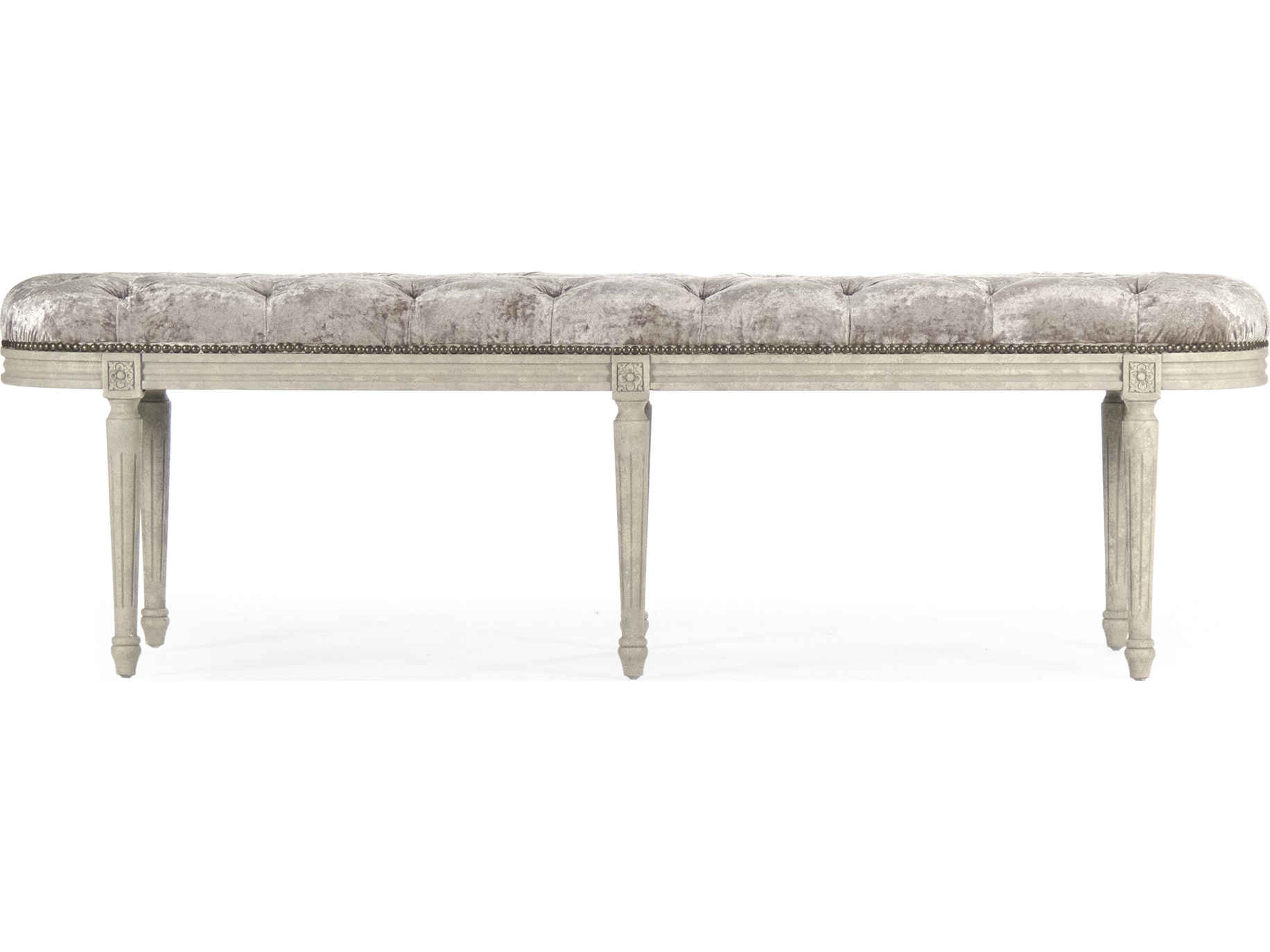 Zentique Michel Distressed Ivory Oak Gray Velvet Upholstered Accent Bench