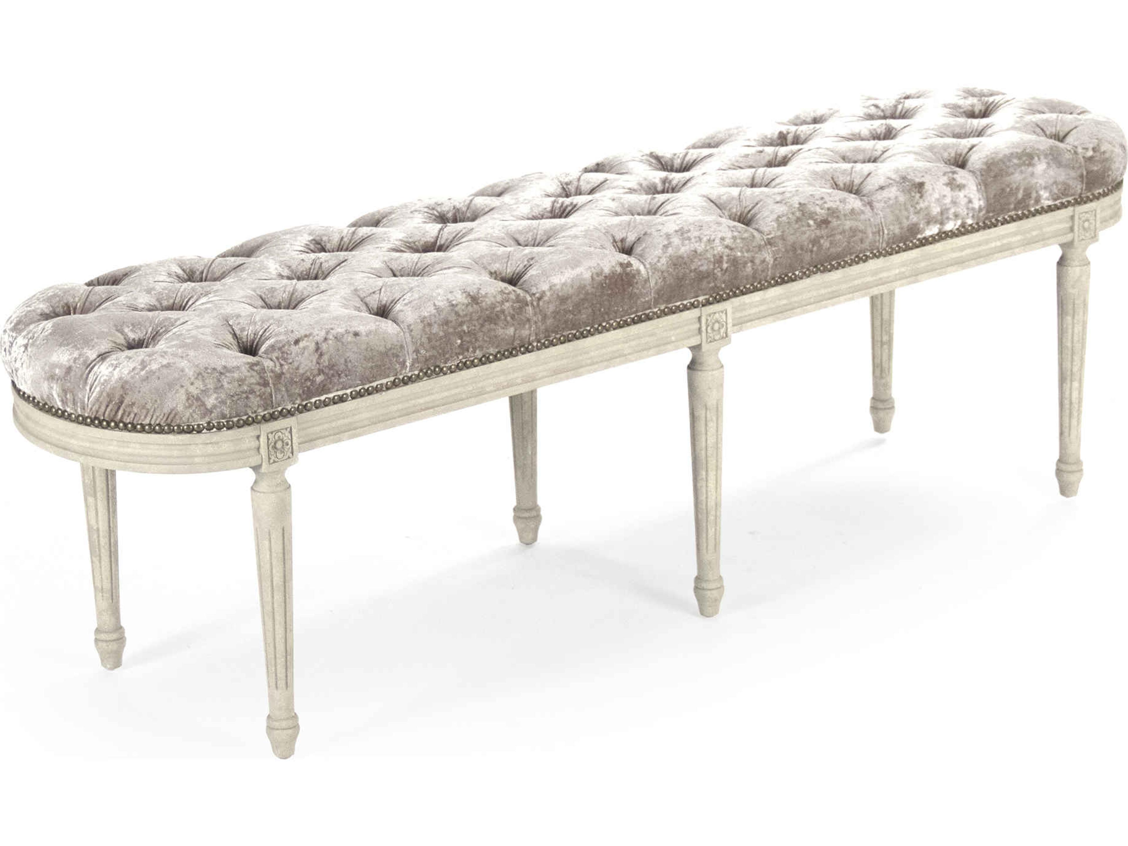 Zentique Michel Distressed Ivory Oak Gray Velvet Upholstered Accent Bench