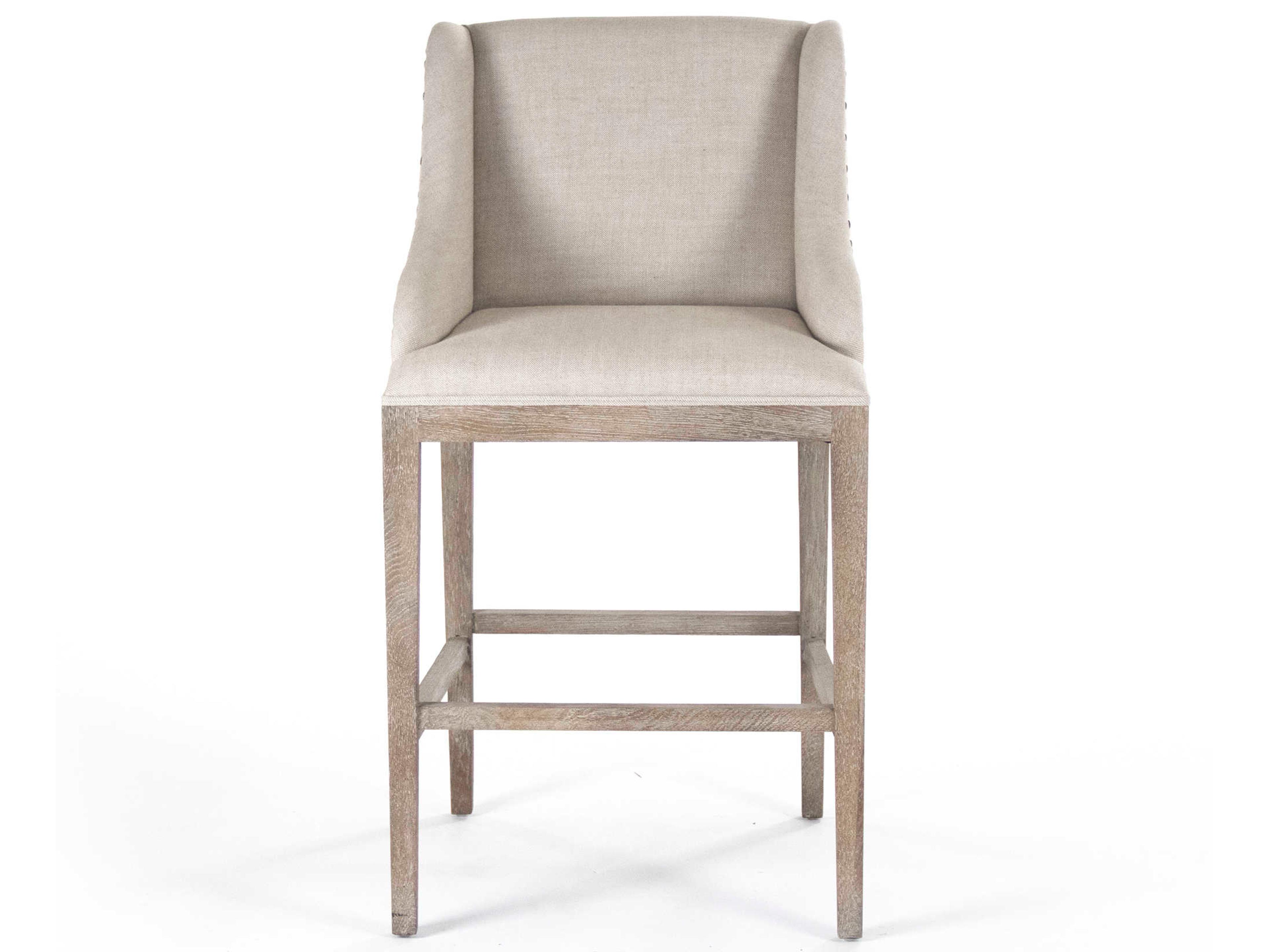 Zentique Upholstered Oak Wood Natural Linen Bar Stool