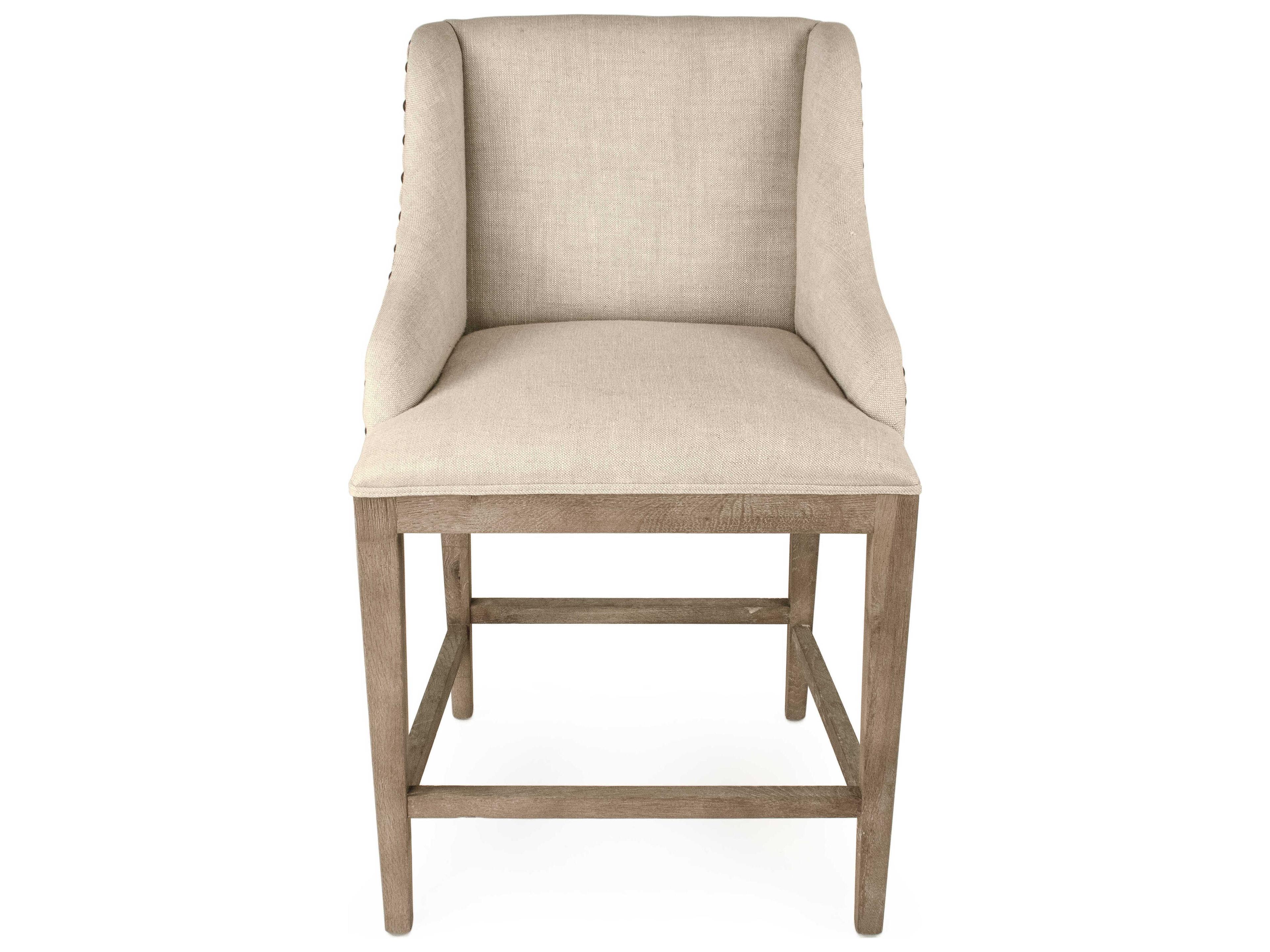 Zentique Connor Limed Grey Oak Natural Cream Linen Upholstered Wood Counter Stool