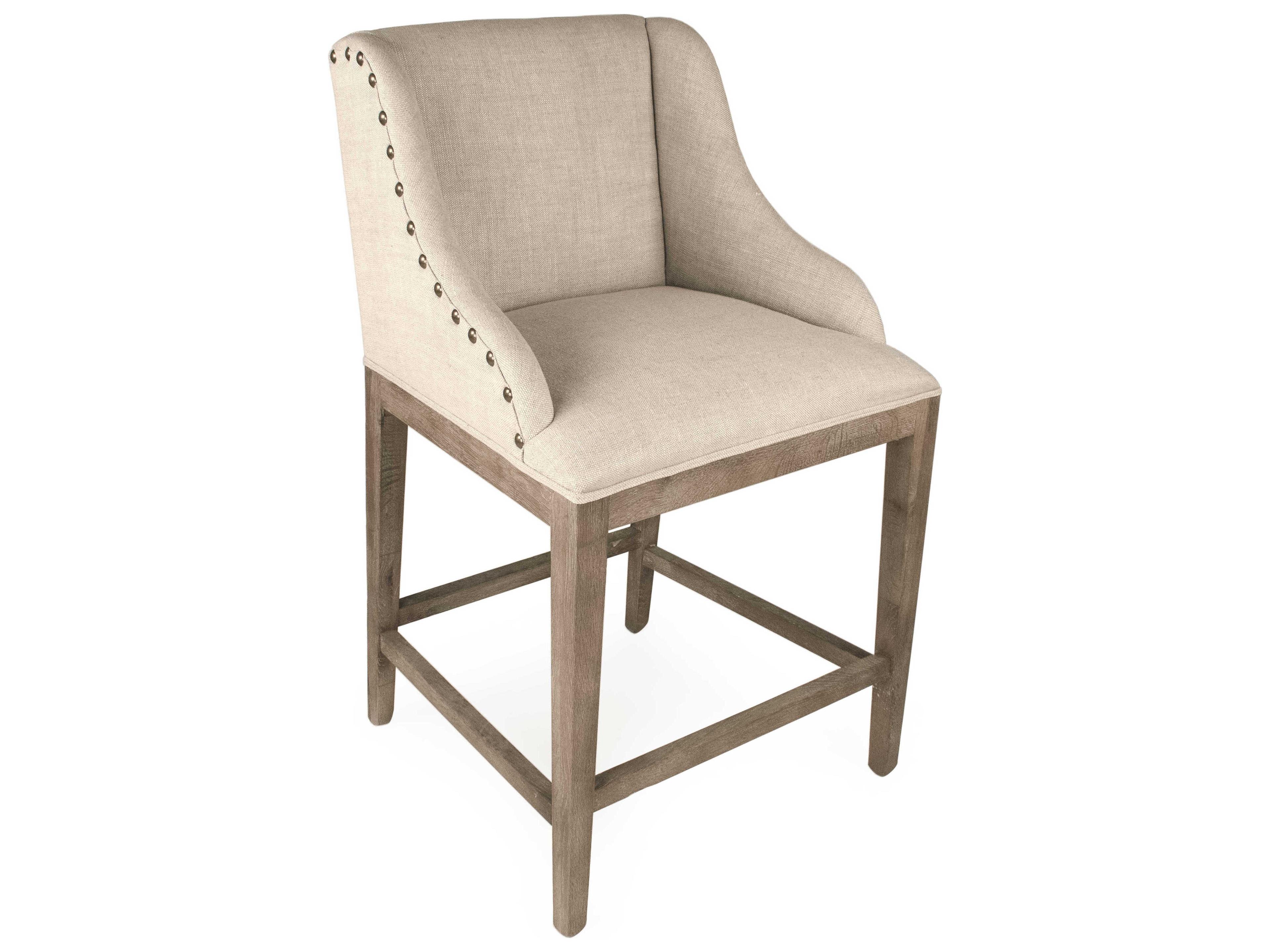 Zentique Connor Limed Grey Oak Natural Cream Linen Upholstered Wood Counter Stool