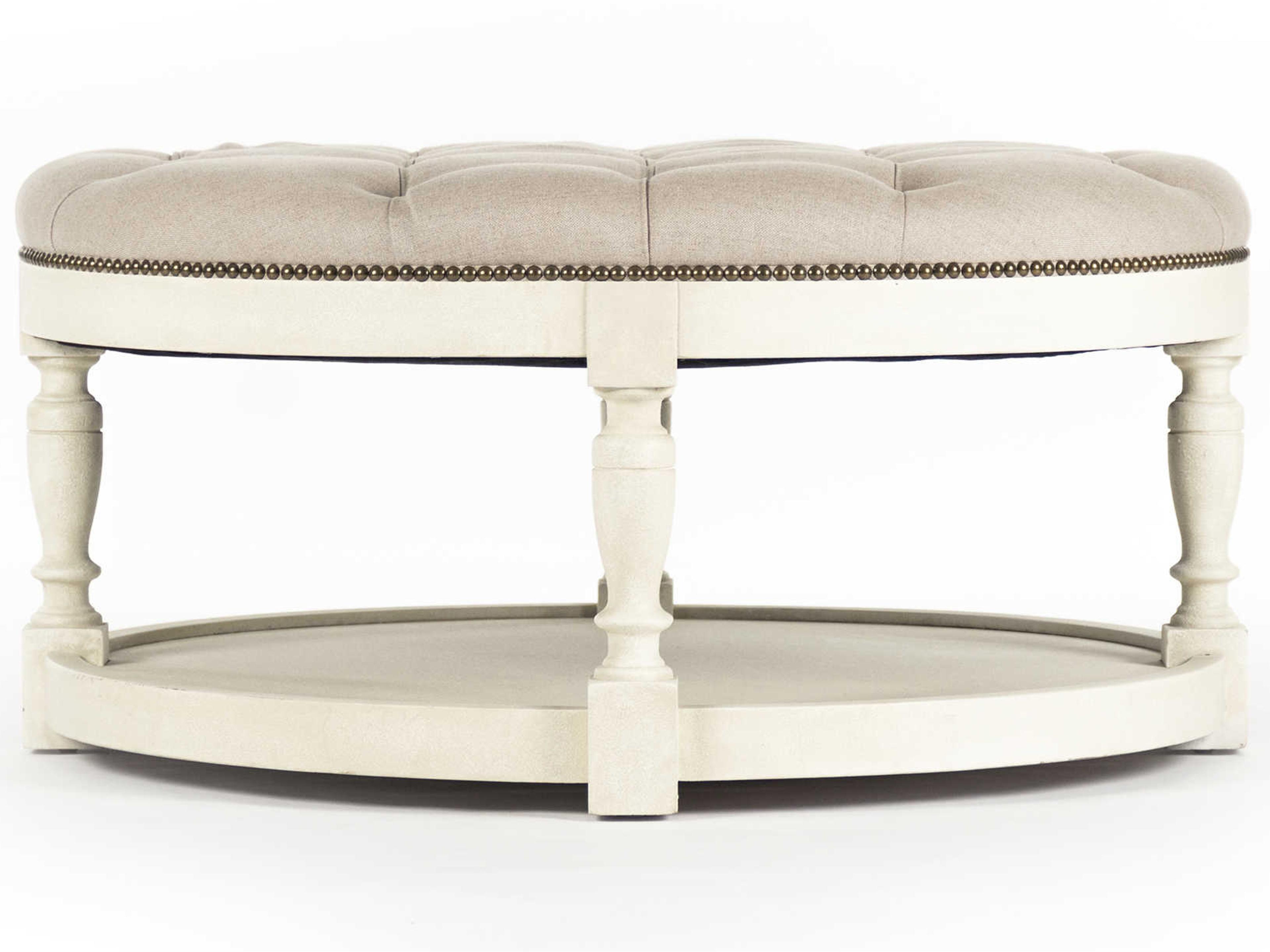 Zentique Distressed Ivory Cream Upholstered Ottoman