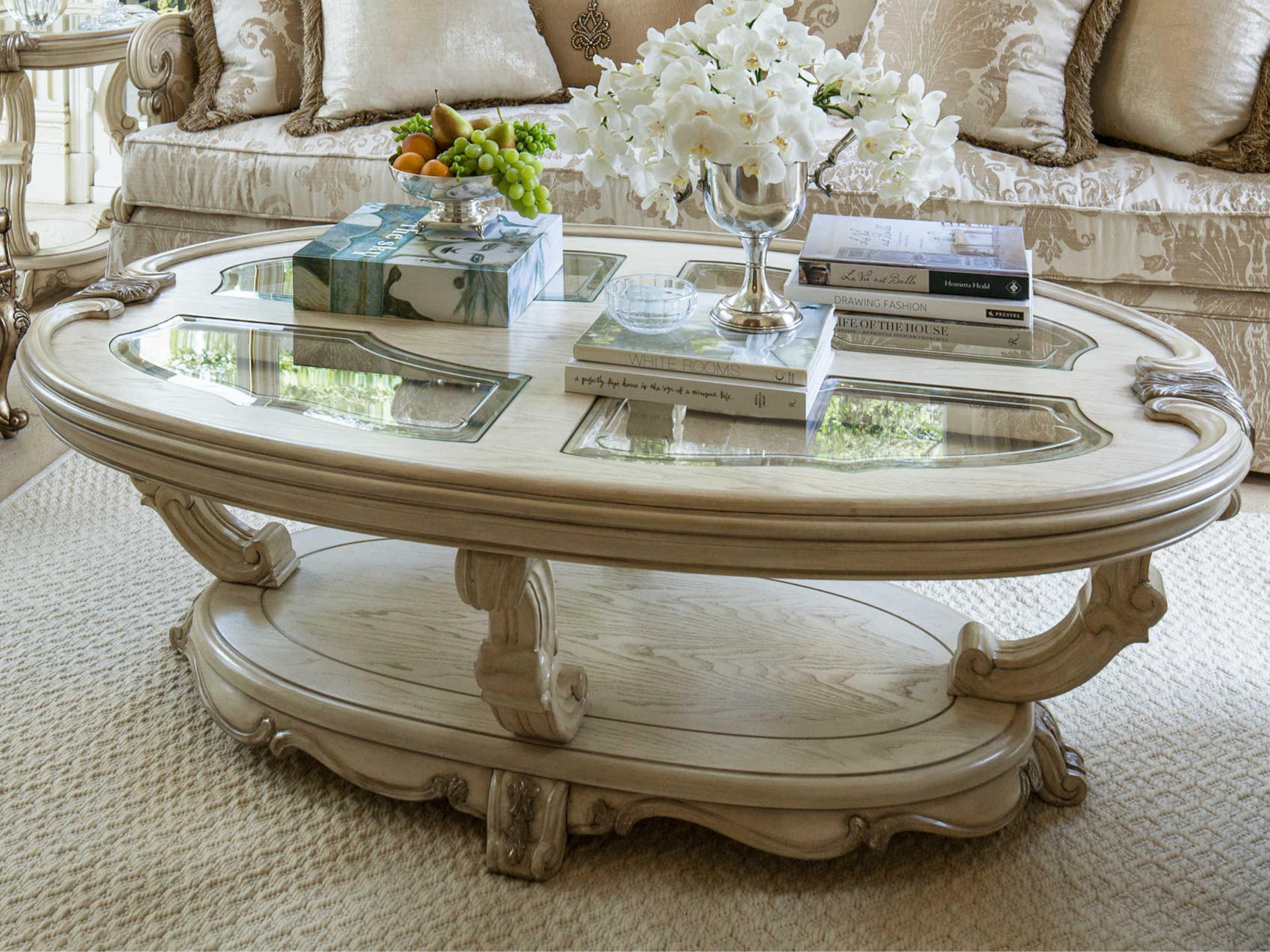 Michael Amini Platine De Royale Oval Glass Champagne Antique Platinum Cocktail Table