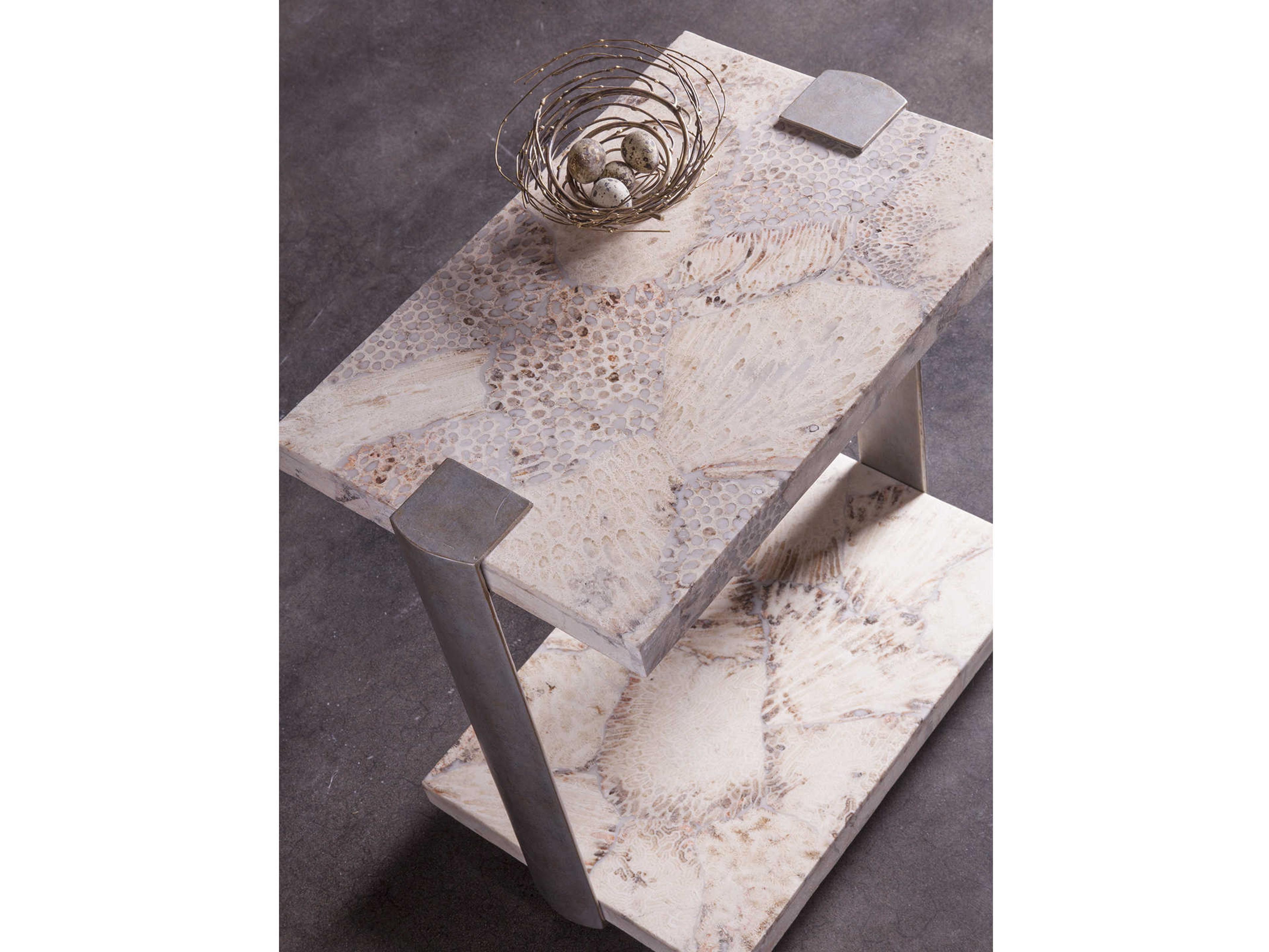 Artistica Corrina Rectangular Stone Fossilized Coral With Dark Iron End Table