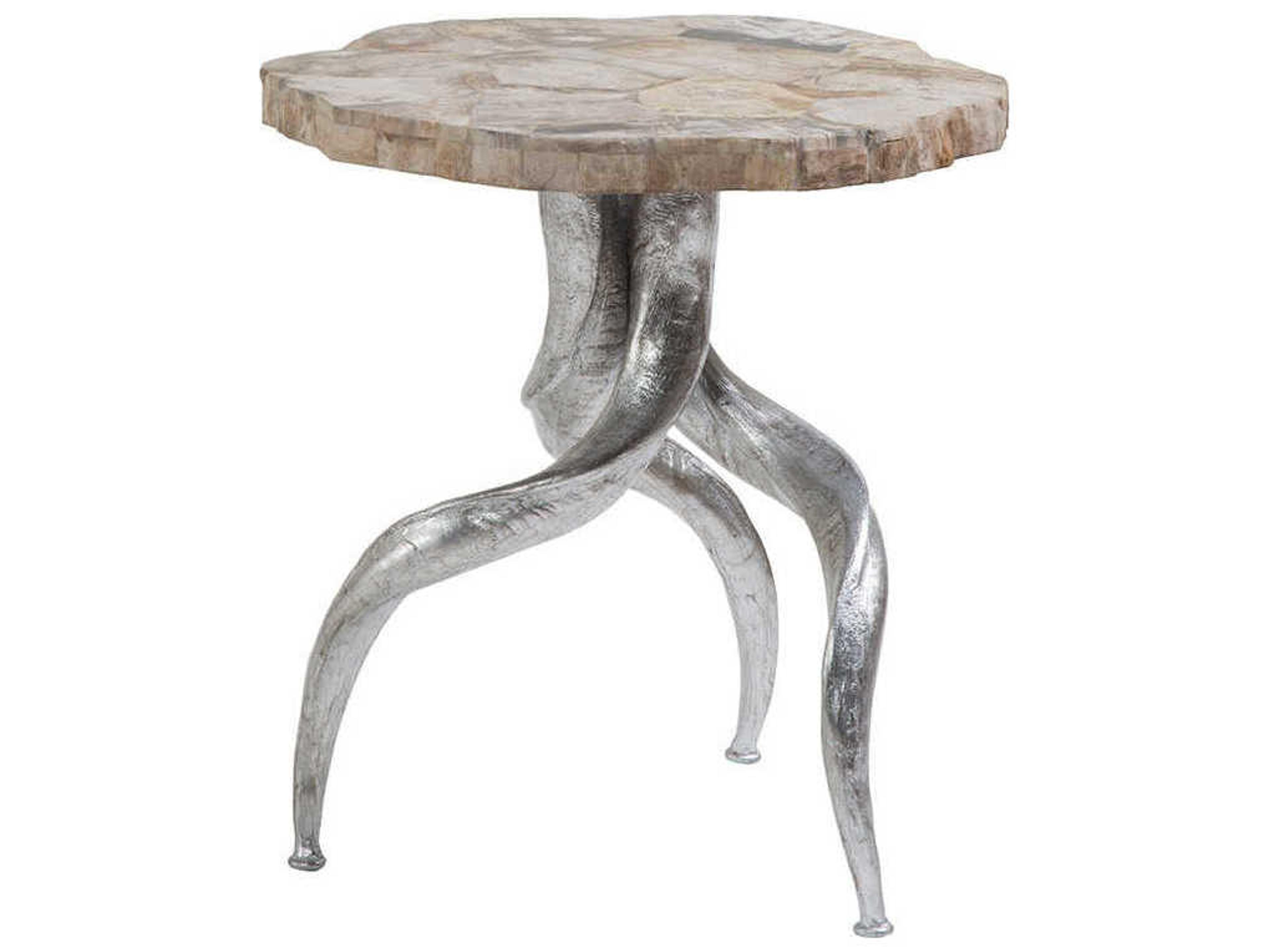 Peck Round Petrified Wood With Silver Leaf End Table